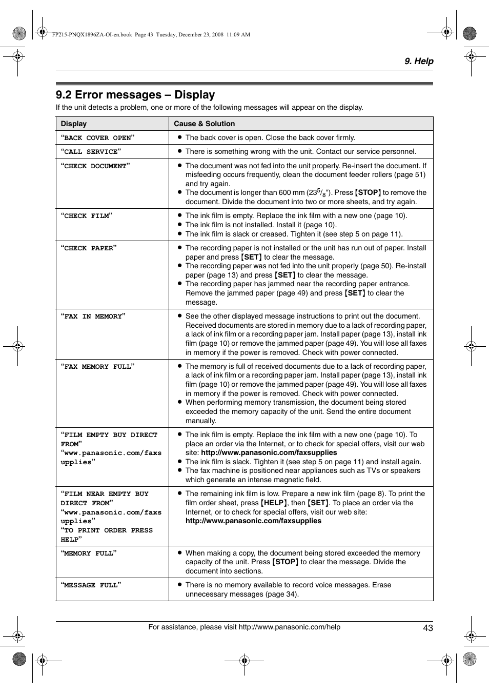 2 error messages – display, Error messages – display, 2 error messages – display | Panasonic KX-FP215 User Manual | Page 43 / 60
