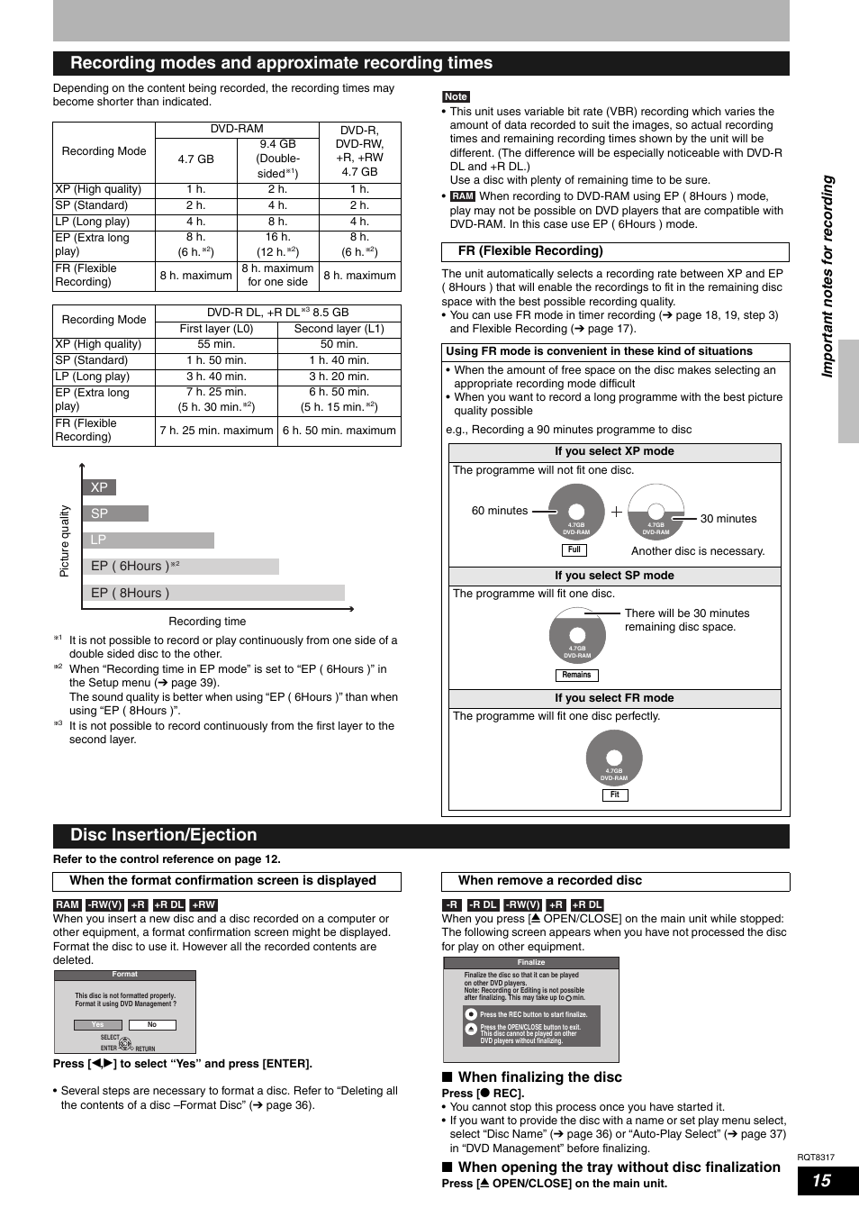 Recording modes and approximate recording times, Disc insertion/ejection, Nwhen finalizing the disc | Nwhen opening the tray without disc finalization, Imp o rta n t no te s for r ecor d in g | Panasonic DIGA DMR-ES15 User Manual | Page 15 / 52