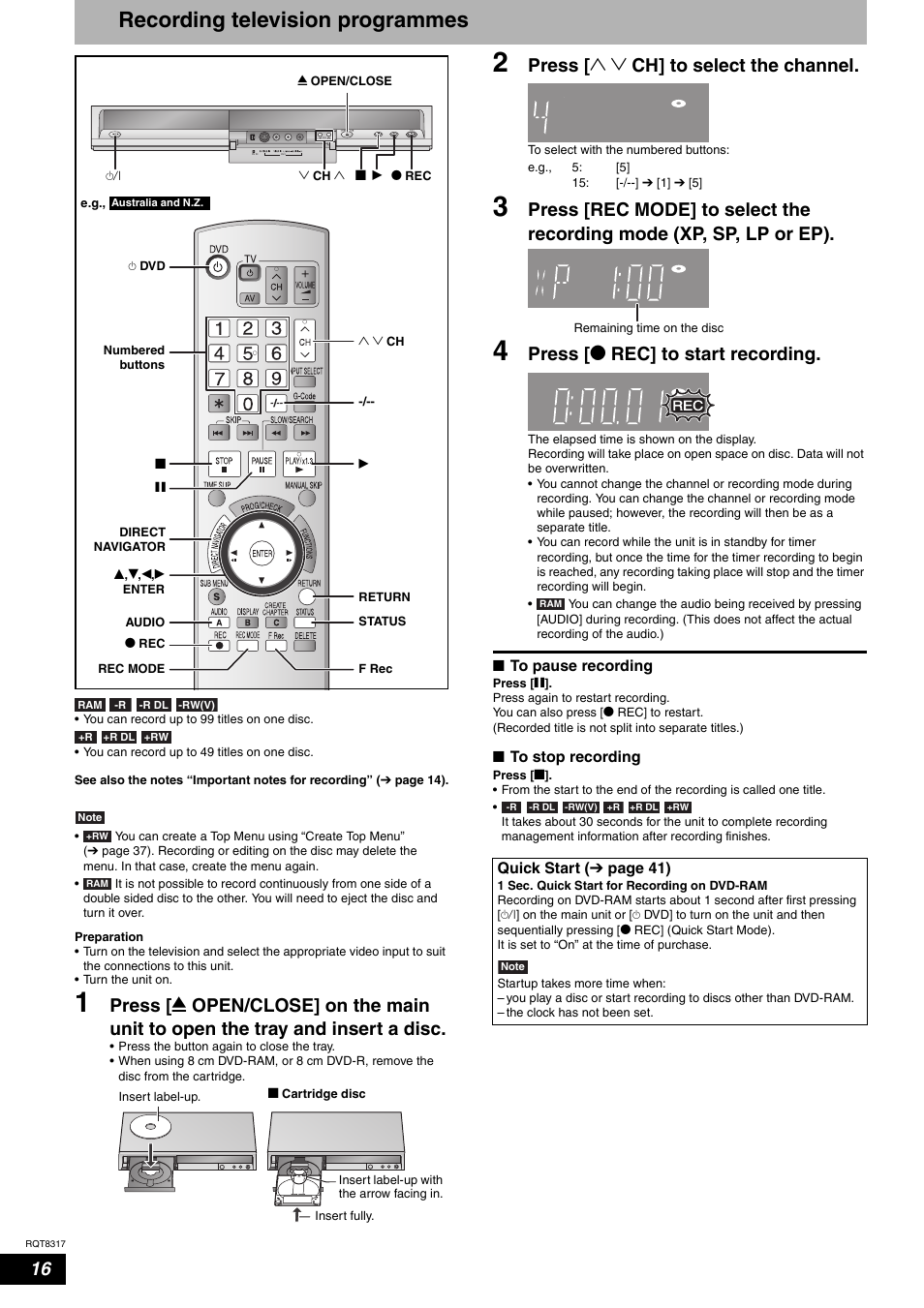 Recording television programmes, Press [ 1 2 ch] to select the channel, Press [ * rec] to start recording | Panasonic DIGA DMR-ES15 User Manual | Page 16 / 52