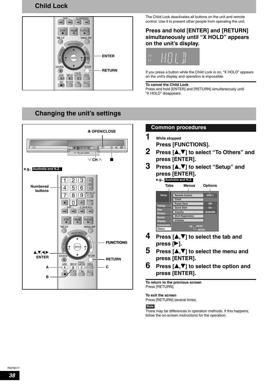 Child lock, Changing the unit’s settings, Press [functions | Press [ e , r ] to select “setup” and press [enter, Press [ e , r ] to select the tab and press [ q, Common procedures | Panasonic DIGA DMR-ES15 User Manual | Page 38 / 52