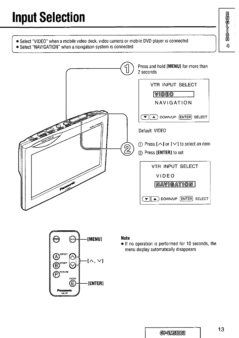 Input selection, Menu, Enter | Note, Input seiection | Panasonic CY-VM5800U User Manual | Page 13 / 64