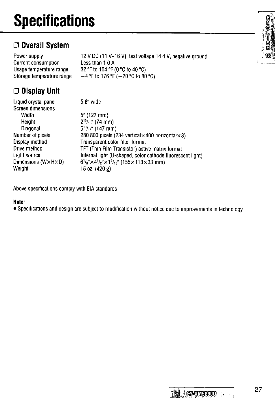 Specifications, Overaii system, Display unit | Panasonic CY-VM5800U User Manual | Page 27 / 64