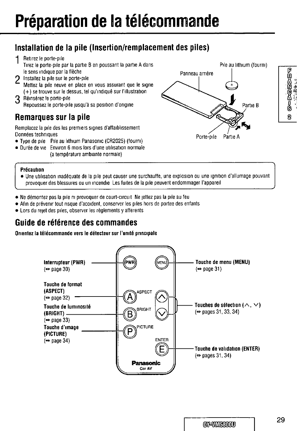 Préparation de la télécommande, Remarques sur la pile, Précaution | Guide de référence des commandes, Touche de format (aspect), Touche de menu (menu), Touches de sélection (a, v), Touche de validation (enter), Ym5800u | Panasonic CY-VM5800U User Manual | Page 29 / 64