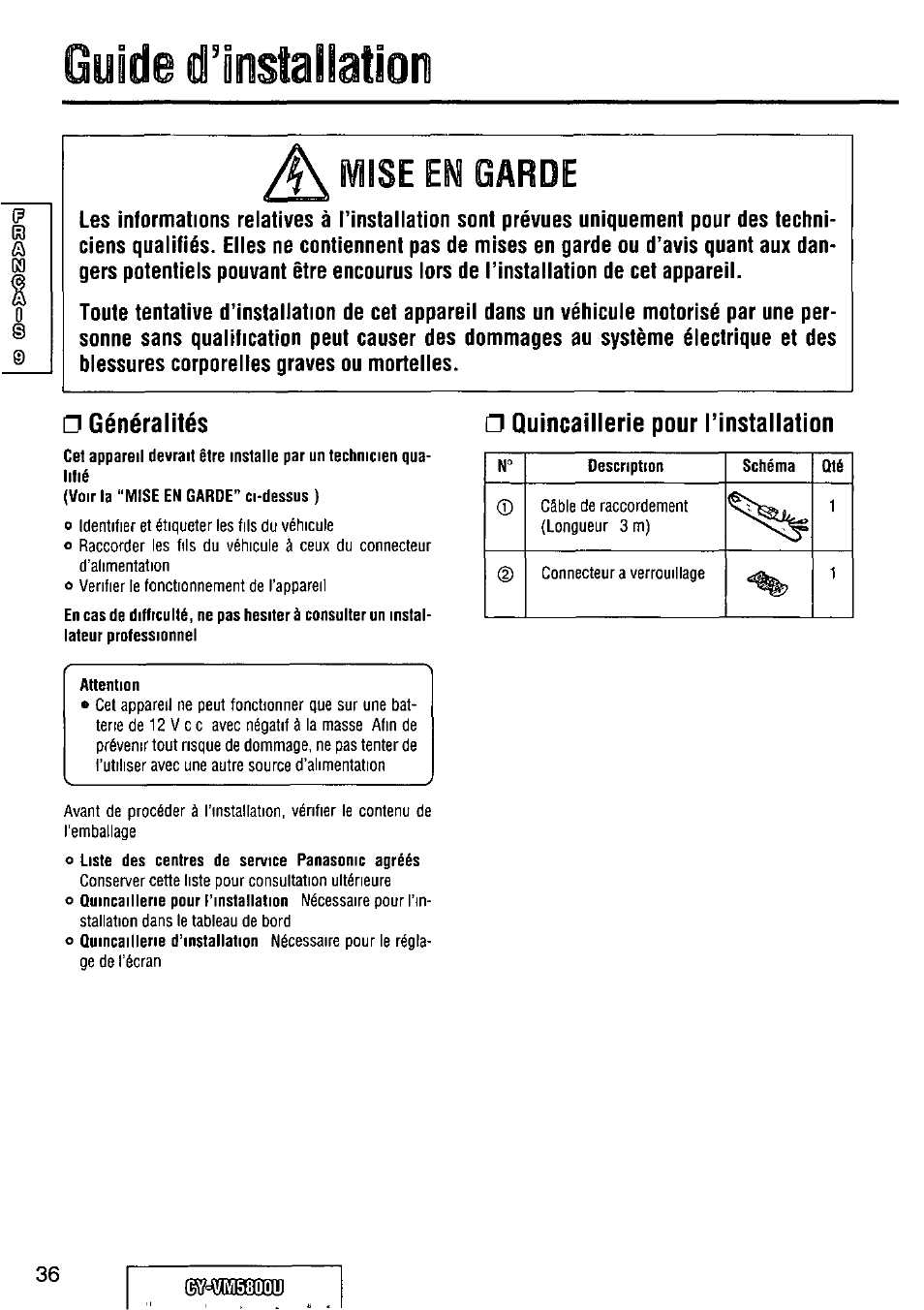 Généralités, Quincaillerie pour rinstallation, Guide dlristalletìon | Mise em garde | Panasonic CY-VM5800U User Manual | Page 36 / 64