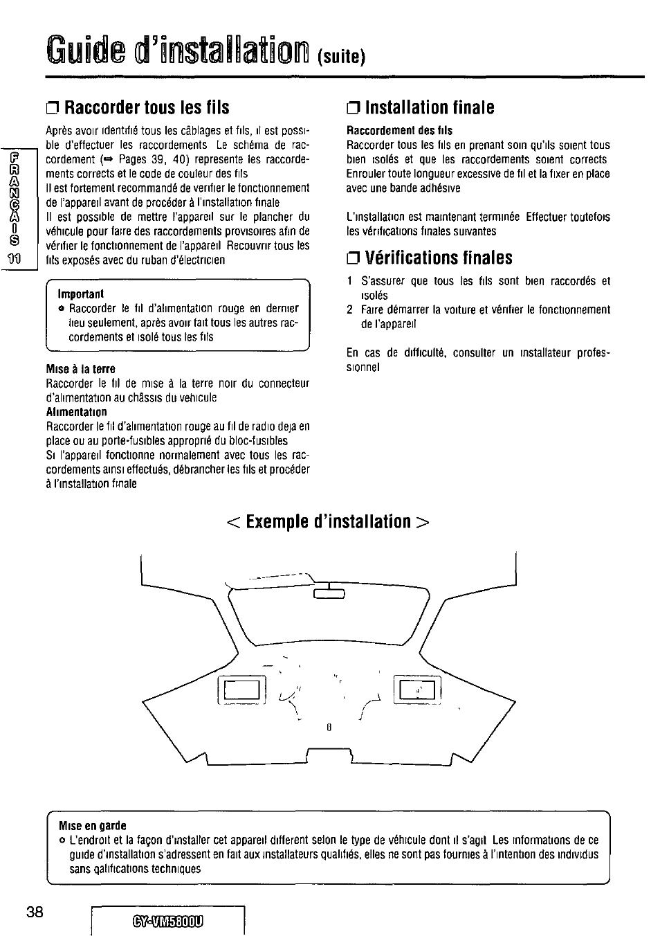 Raccorder tous les fils, Mise à la terre, Installation tinale | Raccordement des fils, Vérifications finales, Exemple d’installation, Mise en garde, Um5800u, Installation guide, Quids d’installation isuiiei | Panasonic CY-VM5800U User Manual | Page 38 / 64