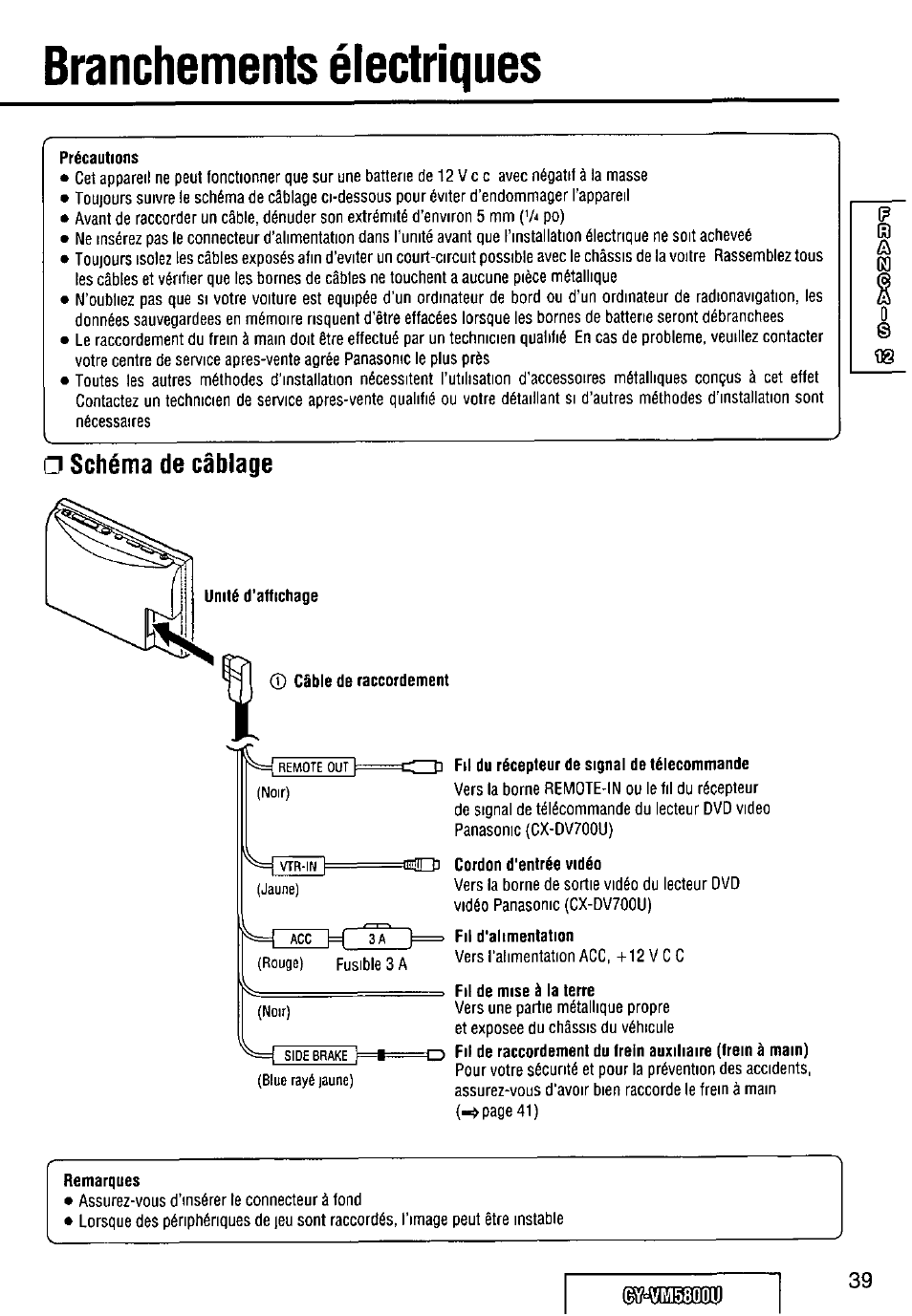 Branchements électriques, Précautions, Schéma de câblage | Fil du récepteur de signal de télécommandé, Cordon d'entrée vidéo, Fil d'alimentation, Fil de mise à la terre, Remarques, Vm5800u | Panasonic CY-VM5800U User Manual | Page 39 / 64