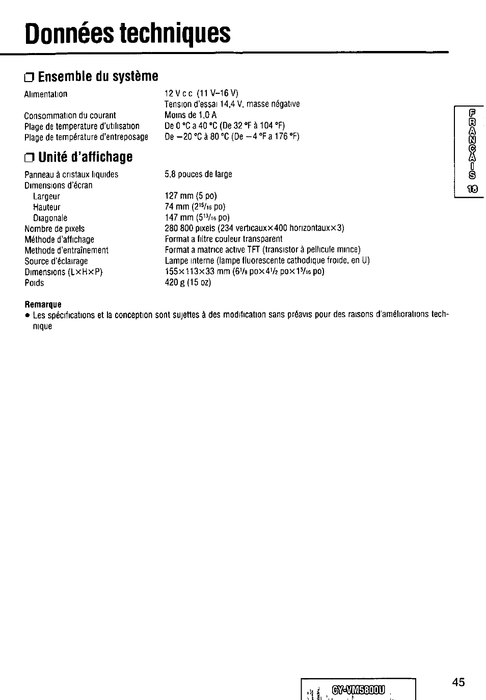 Données techniques, Ensemble du système, Unité d’affichage | Remarque | Panasonic CY-VM5800U User Manual | Page 45 / 64