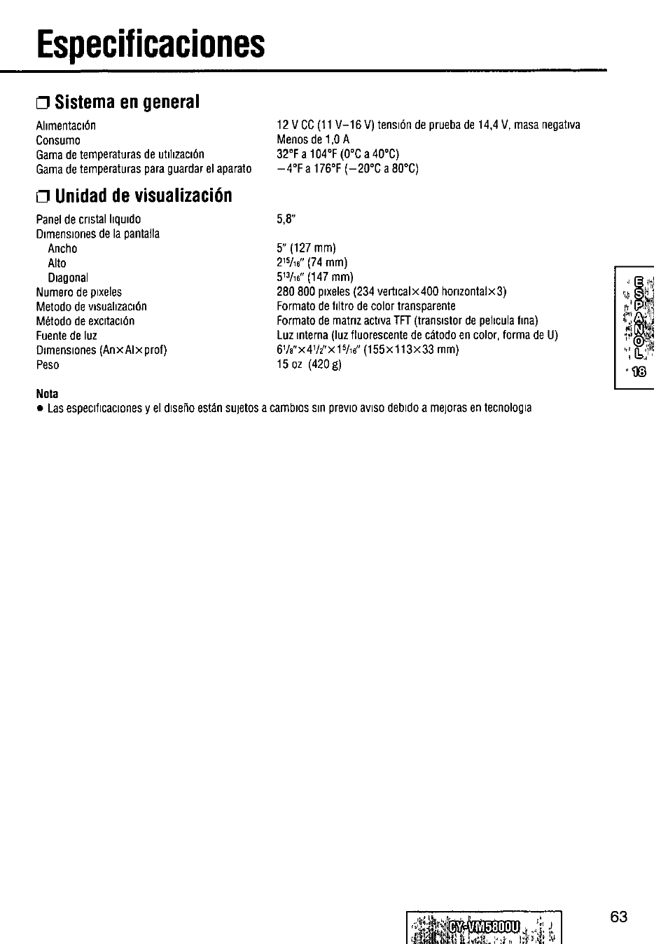 Especificaciones, Sistema en generai, A unidad de visualización | Nota, Giyívivisaoou | Panasonic CY-VM5800U User Manual | Page 63 / 64