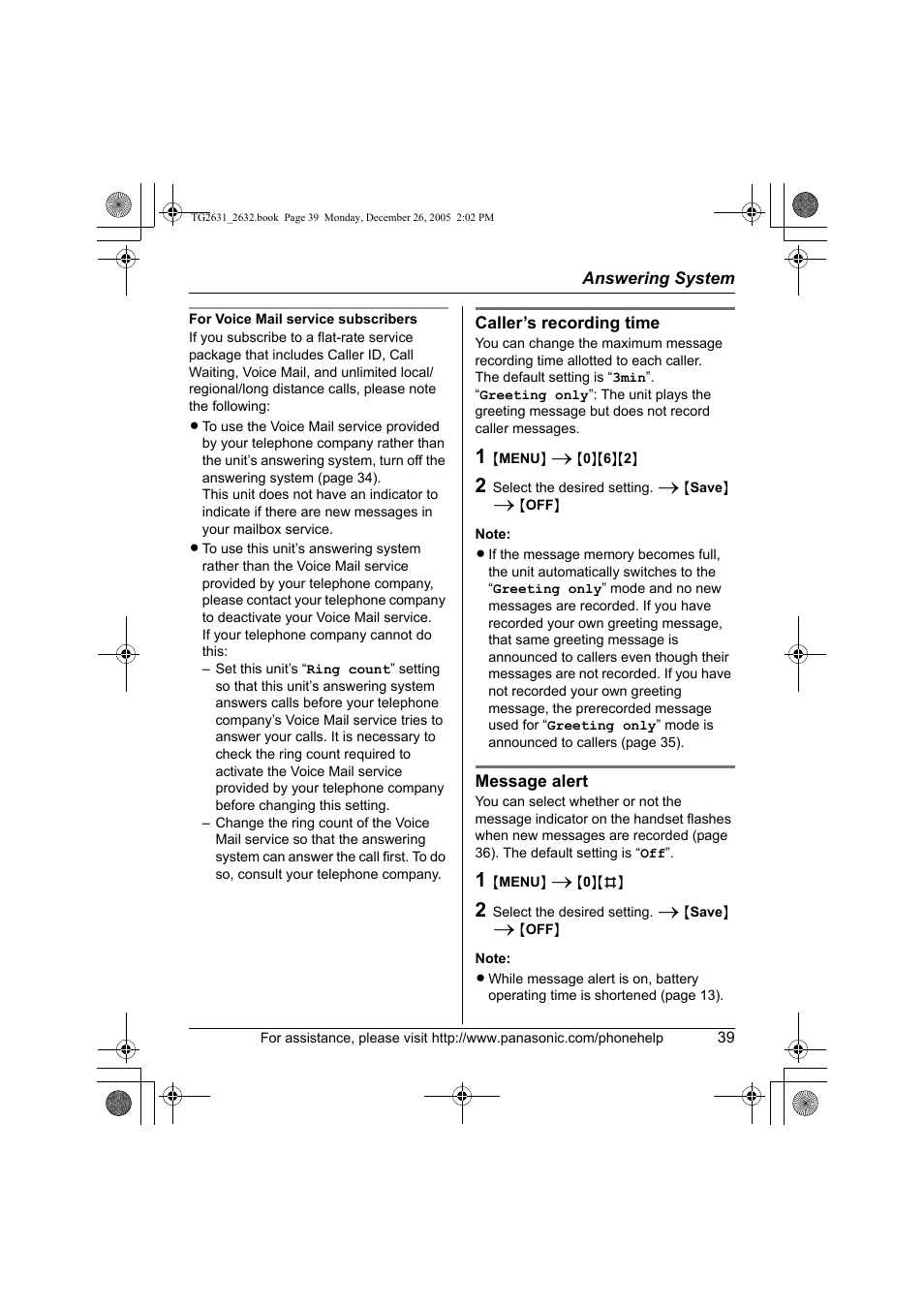 Panasonic 2.4 GHz Digital Cordless Answering System KX-TG2631 User Manual | Page 39 / 60