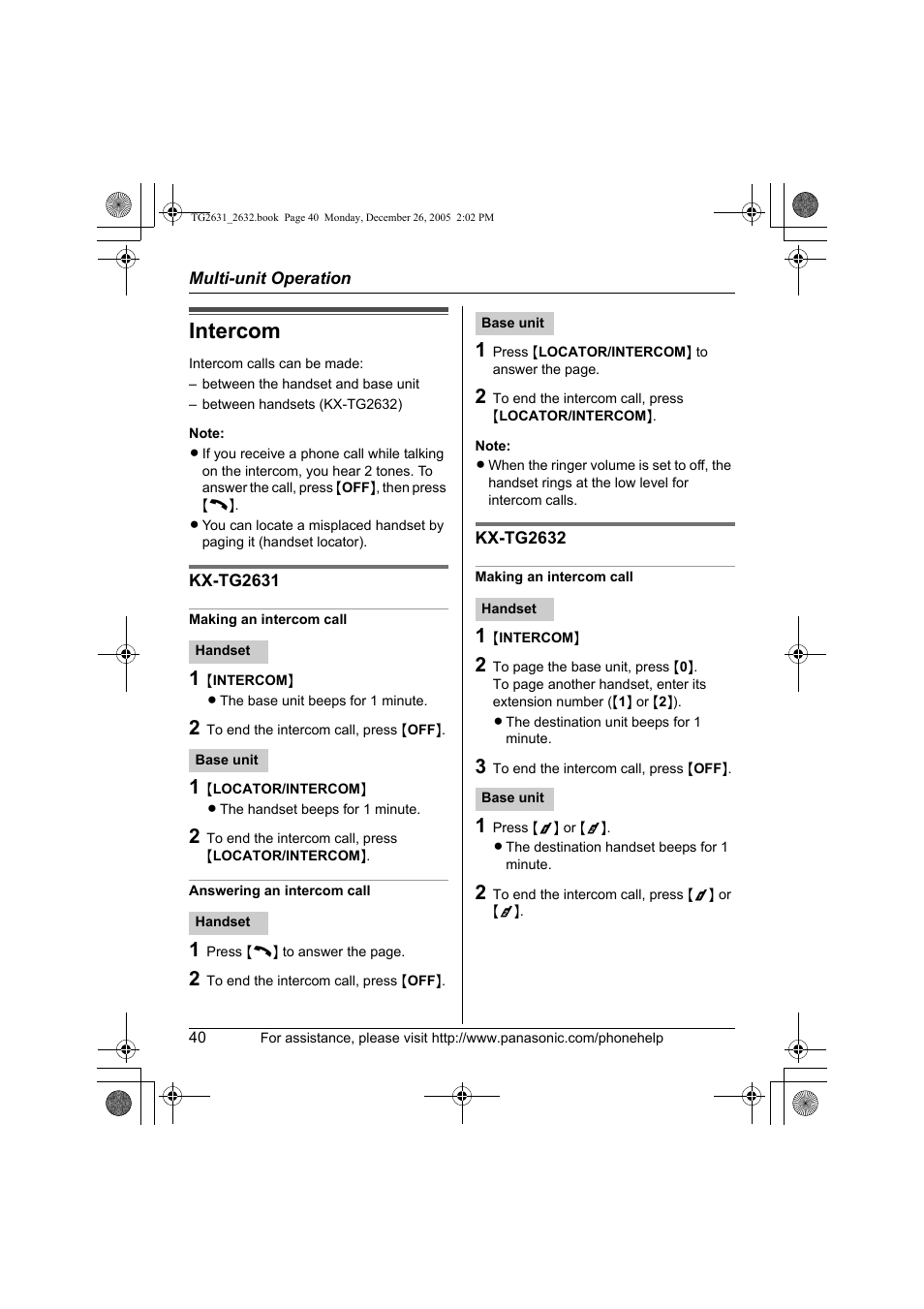 Multi-unit operation, Intercom | Panasonic 2.4 GHz Digital Cordless Answering System KX-TG2631 User Manual | Page 40 / 60