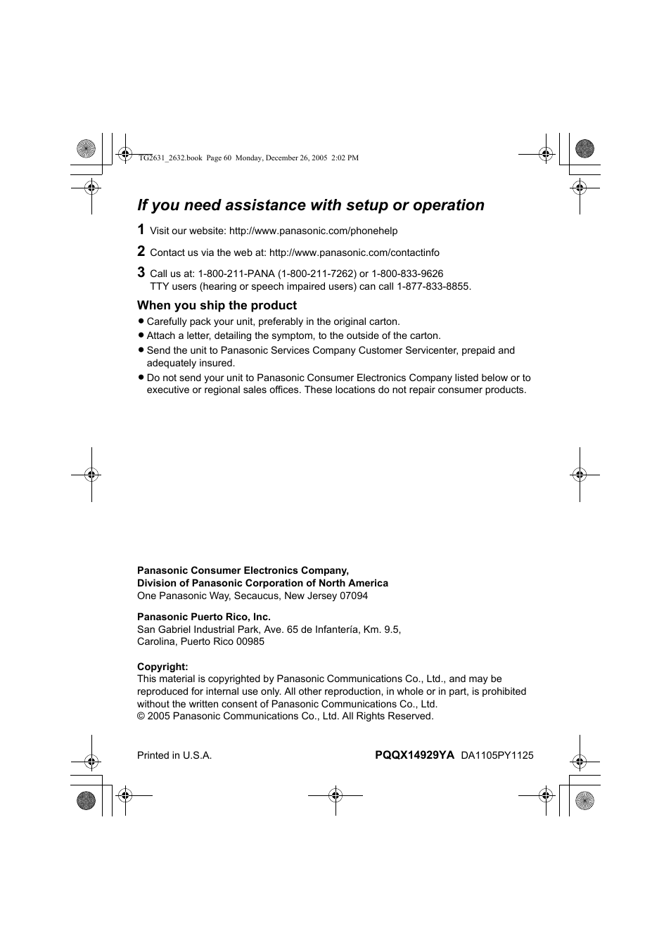 If you need assistance with setup or operation | Panasonic 2.4 GHz Digital Cordless Answering System KX-TG2631 User Manual | Page 60 / 60