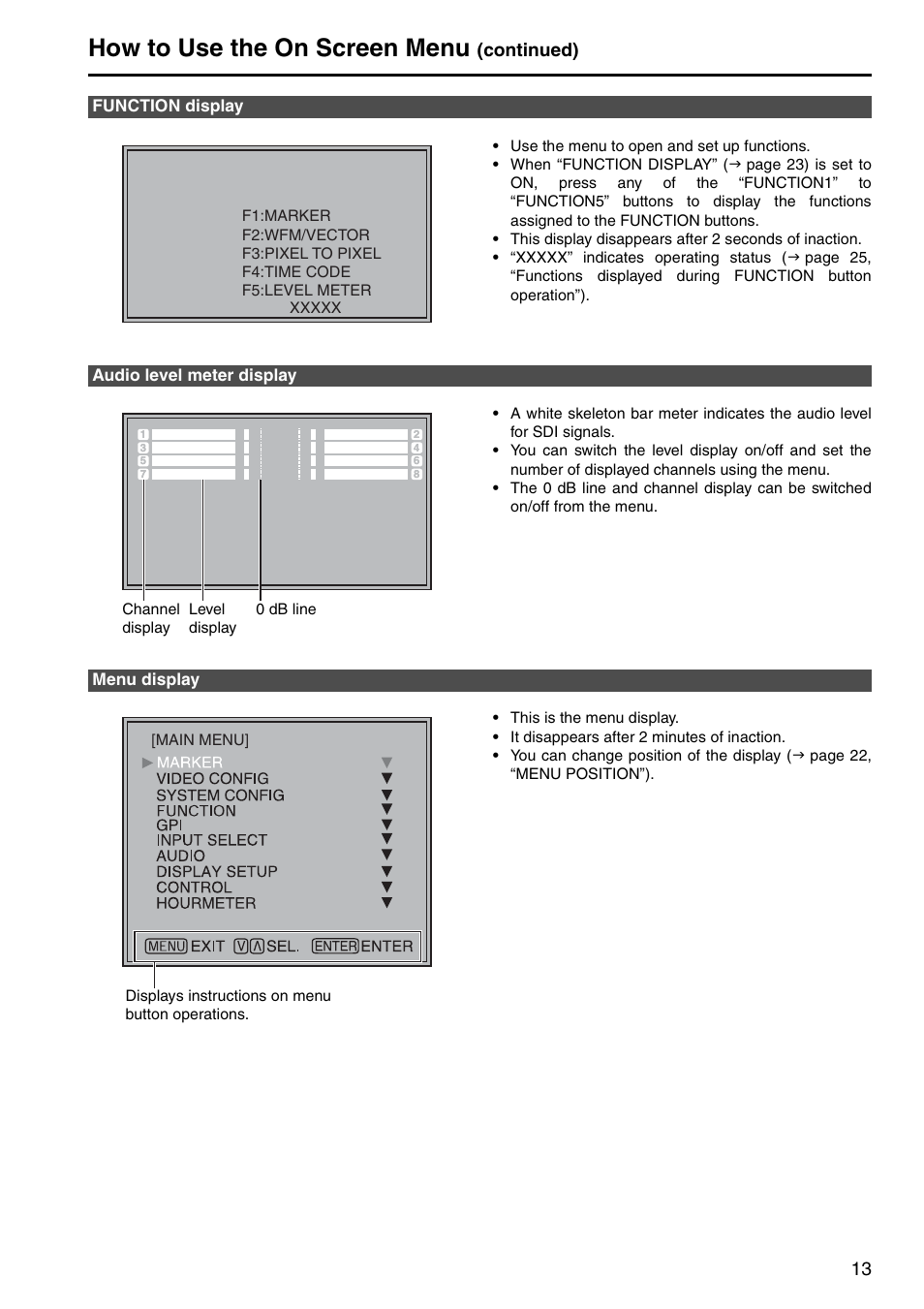 Function display, Audio level meter display, Menu display | How to use the on screen menu, Continued) | Panasonic BT-LH1760E User Manual | Page 13 / 44