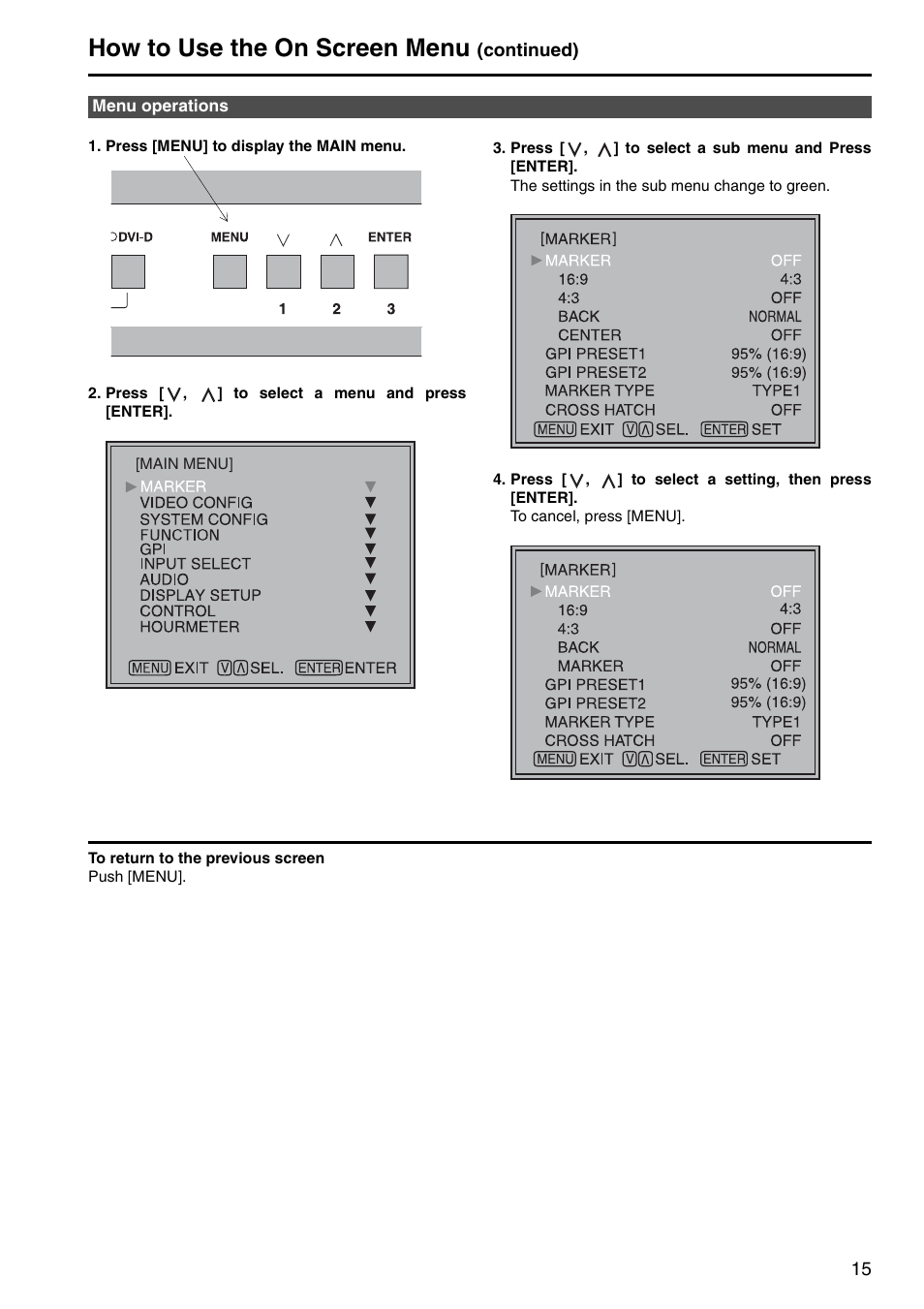 Menu operations, How to use the on screen menu | Panasonic BT-LH1760E User Manual | Page 15 / 44