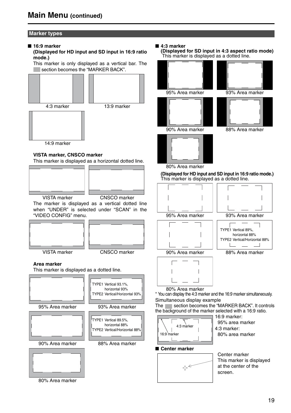 Marker types, Main menu, Continued) | Panasonic BT-LH1760E User Manual | Page 19 / 44
