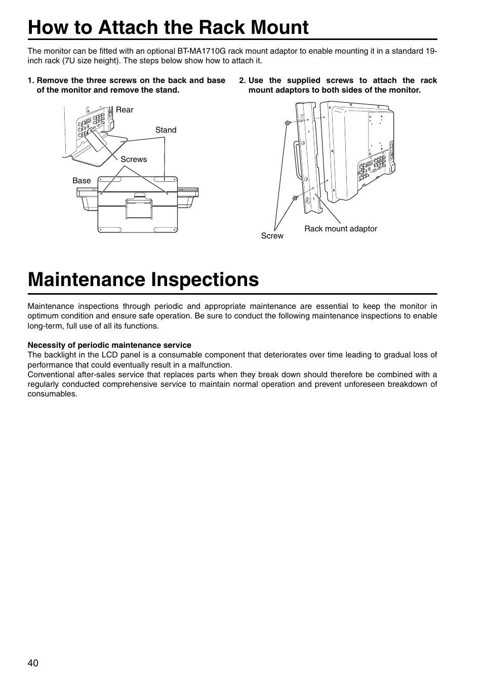 Maintenance inspections, How to attach the rack mount, 40 maintenance inspections | Panasonic BT-LH1760E User Manual | Page 40 / 44