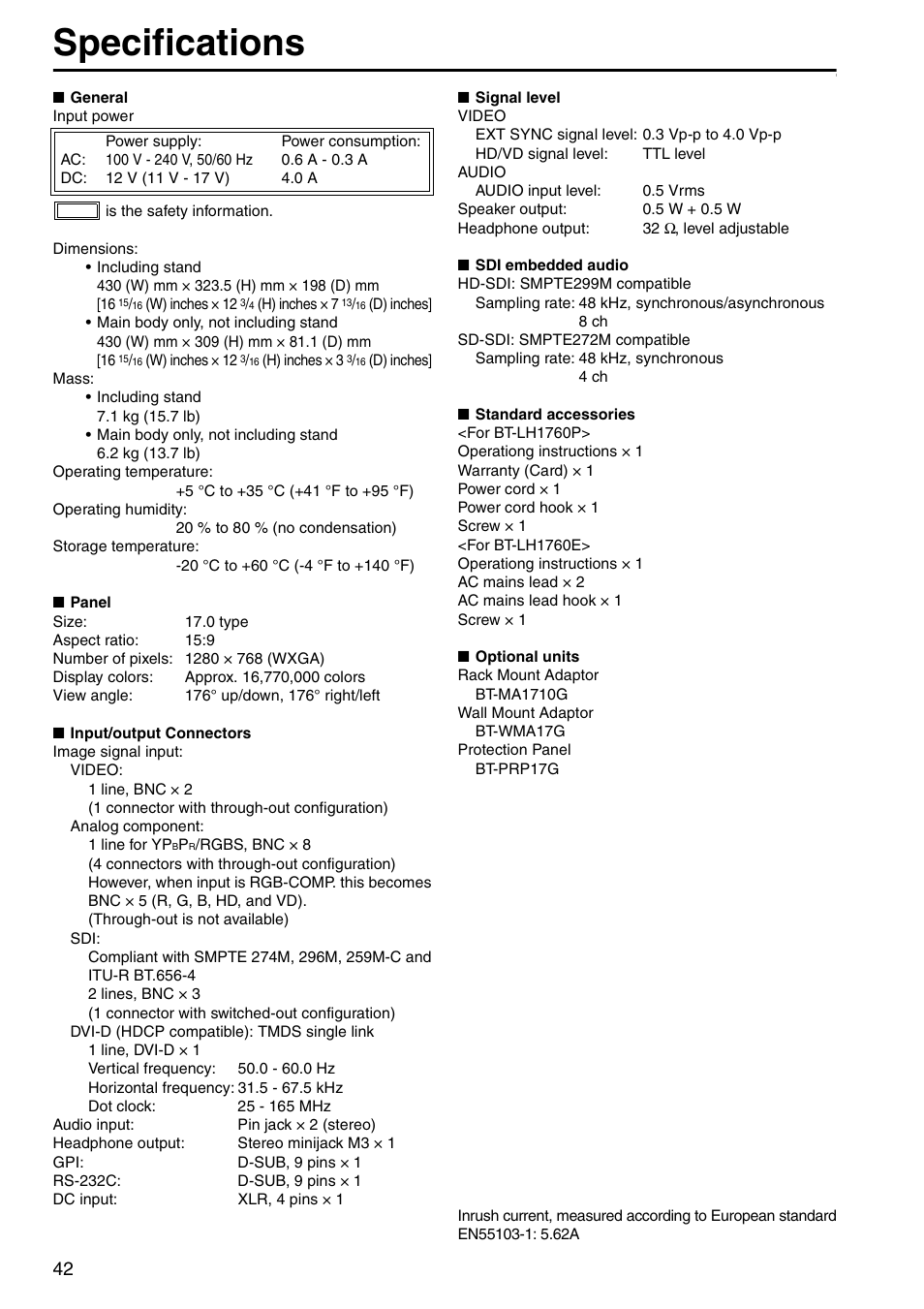 Specifications | Panasonic BT-LH1760E User Manual | Page 42 / 44