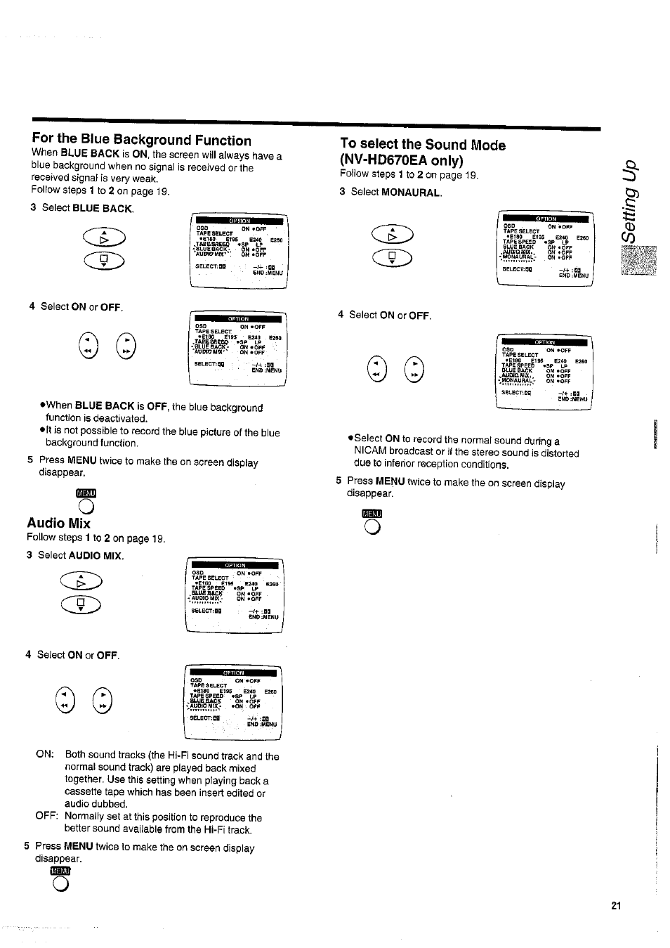 For the blue background function, Audio mix | Panasonic NV-HD670 User Manual | Page 21 / 40