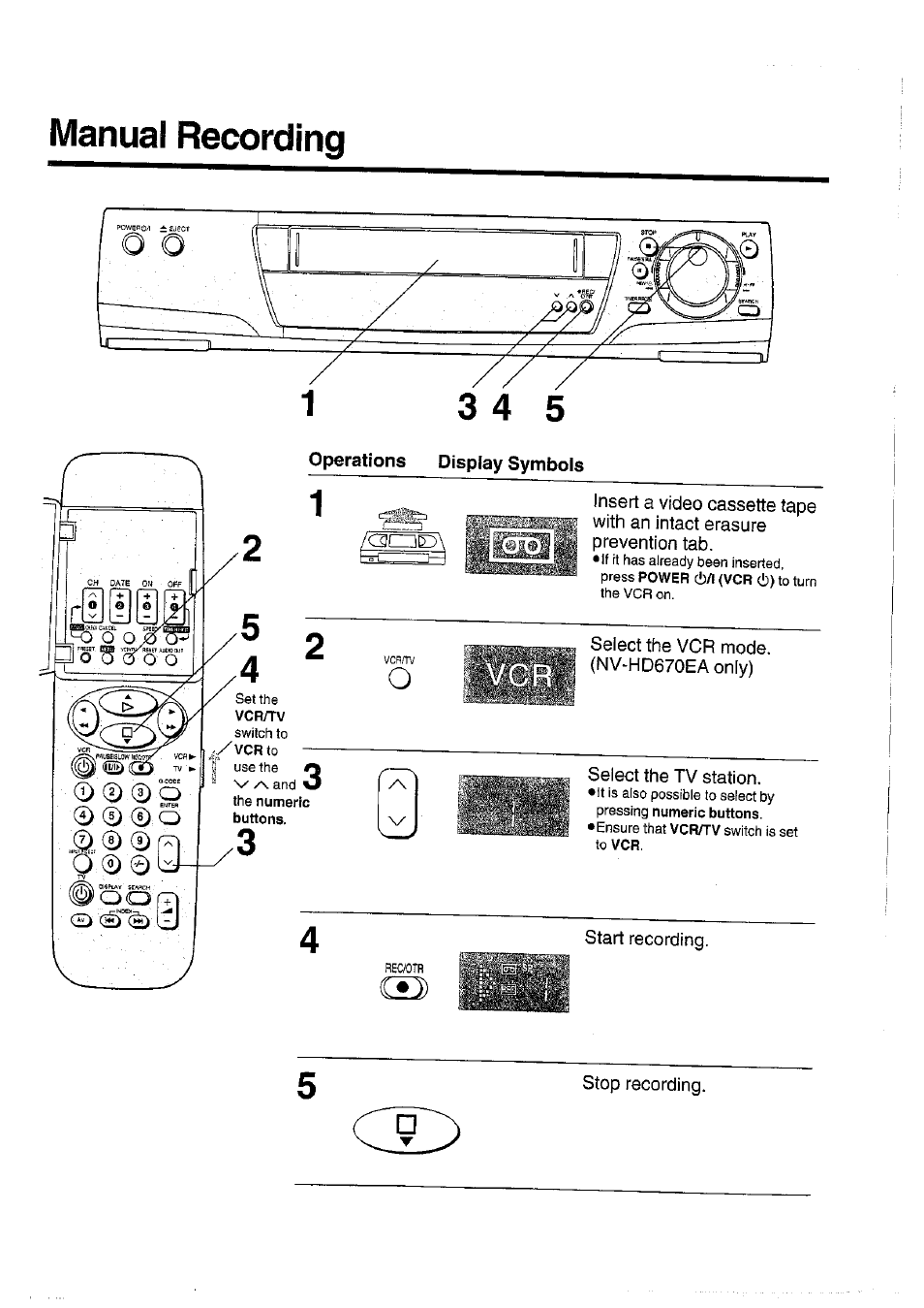 Manual recording, Operations display symbols, 0 0 0 o | Panasonic NV-HD670 User Manual | Page 24 / 40