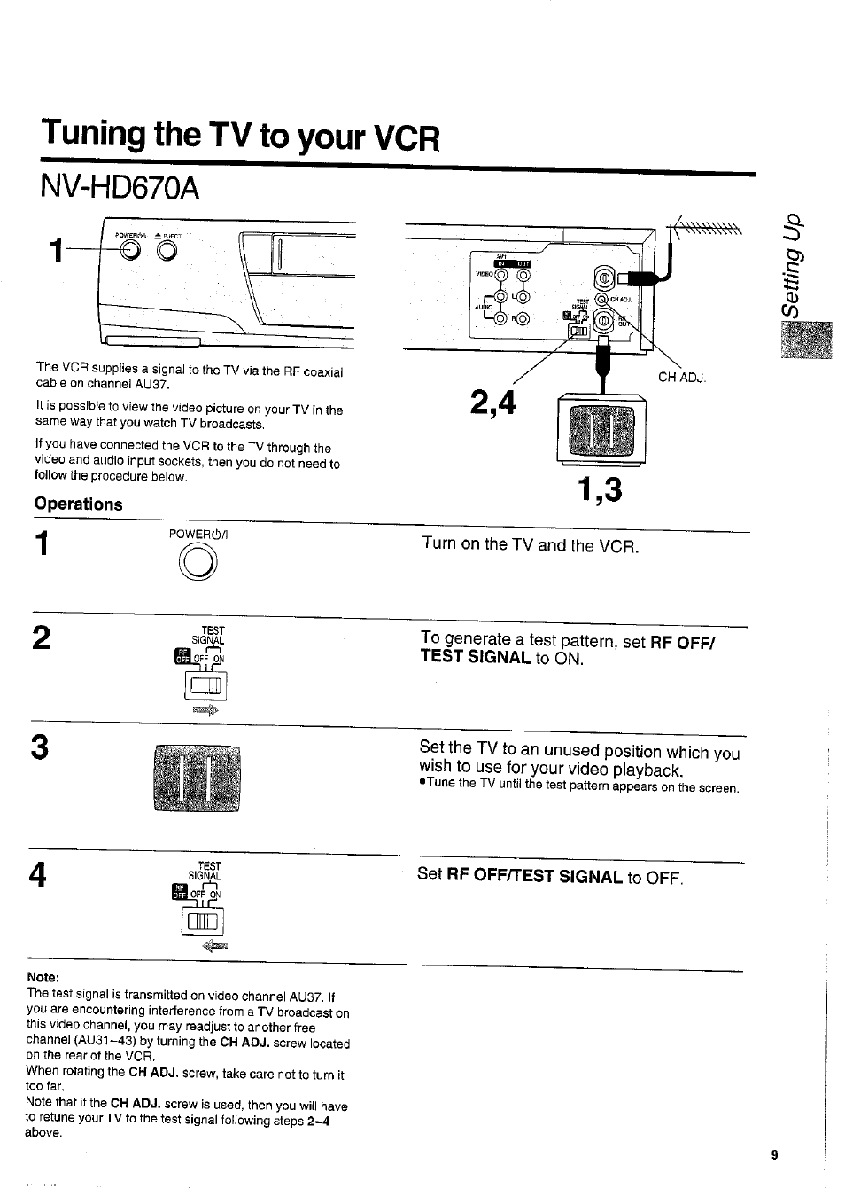 Tuning the tv to your vcr, Nv-hd670a, Operations | Note, Tuning the tv to your vcr nv-hd670a | Panasonic NV-HD670 User Manual | Page 9 / 40