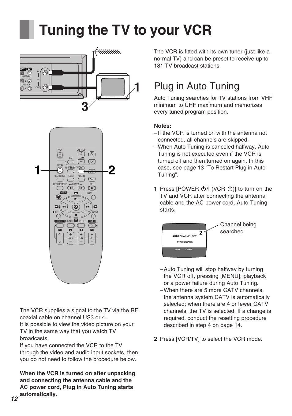 Tuning the tv to your vcr, Plug in auto tuning | Panasonic AG-2570 User Manual | Page 12 / 44