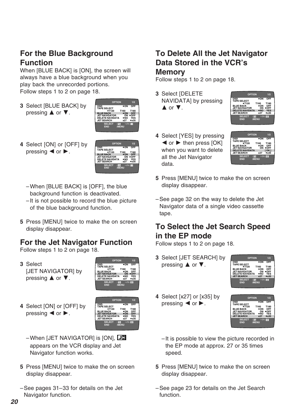 For the blue background function, For the jet navigator function | Panasonic AG-2570 User Manual | Page 20 / 44