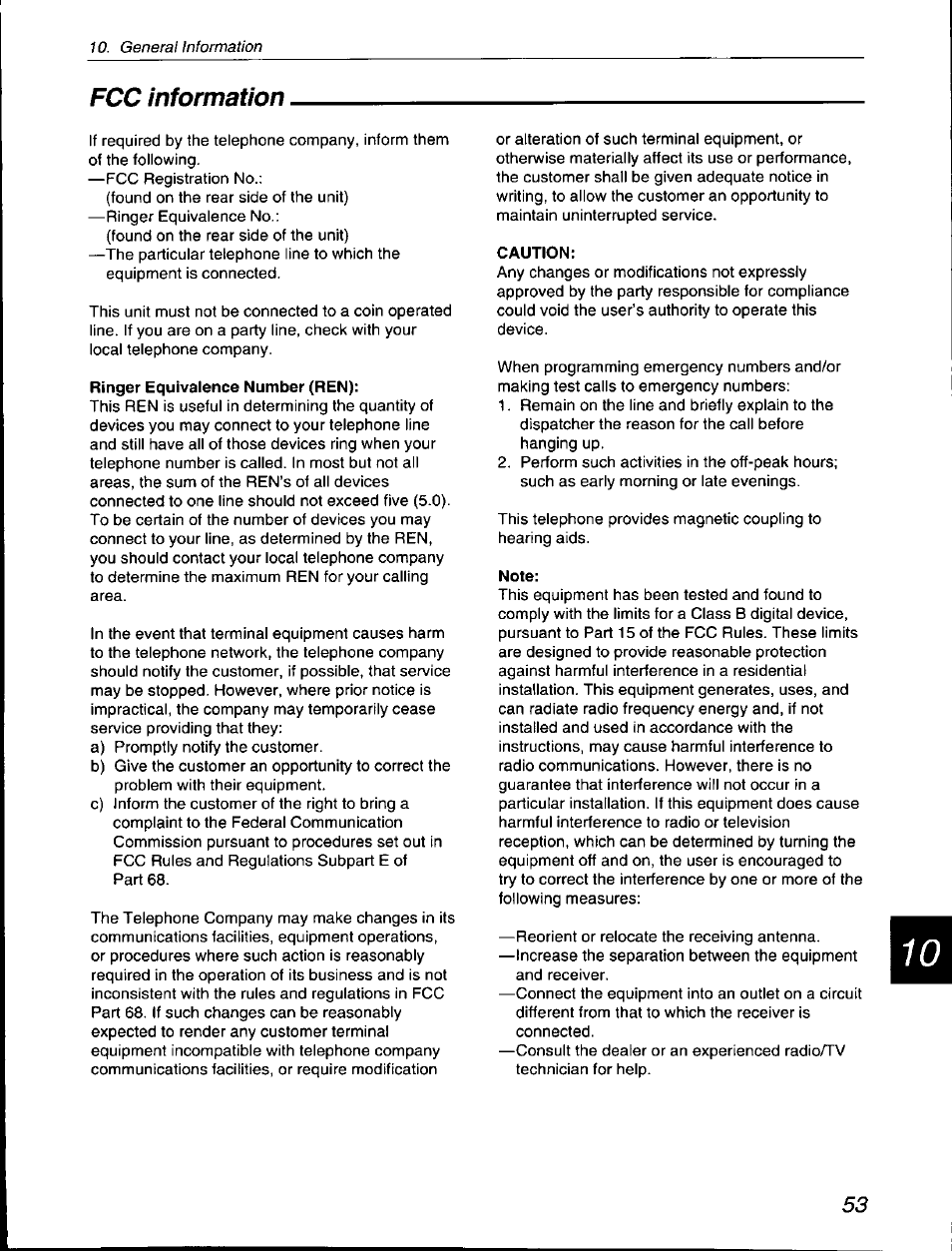 Fcc information, Ringer equivalence number (ren), Caution | Note | Panasonic KX-F560 User Manual | Page 53 / 60