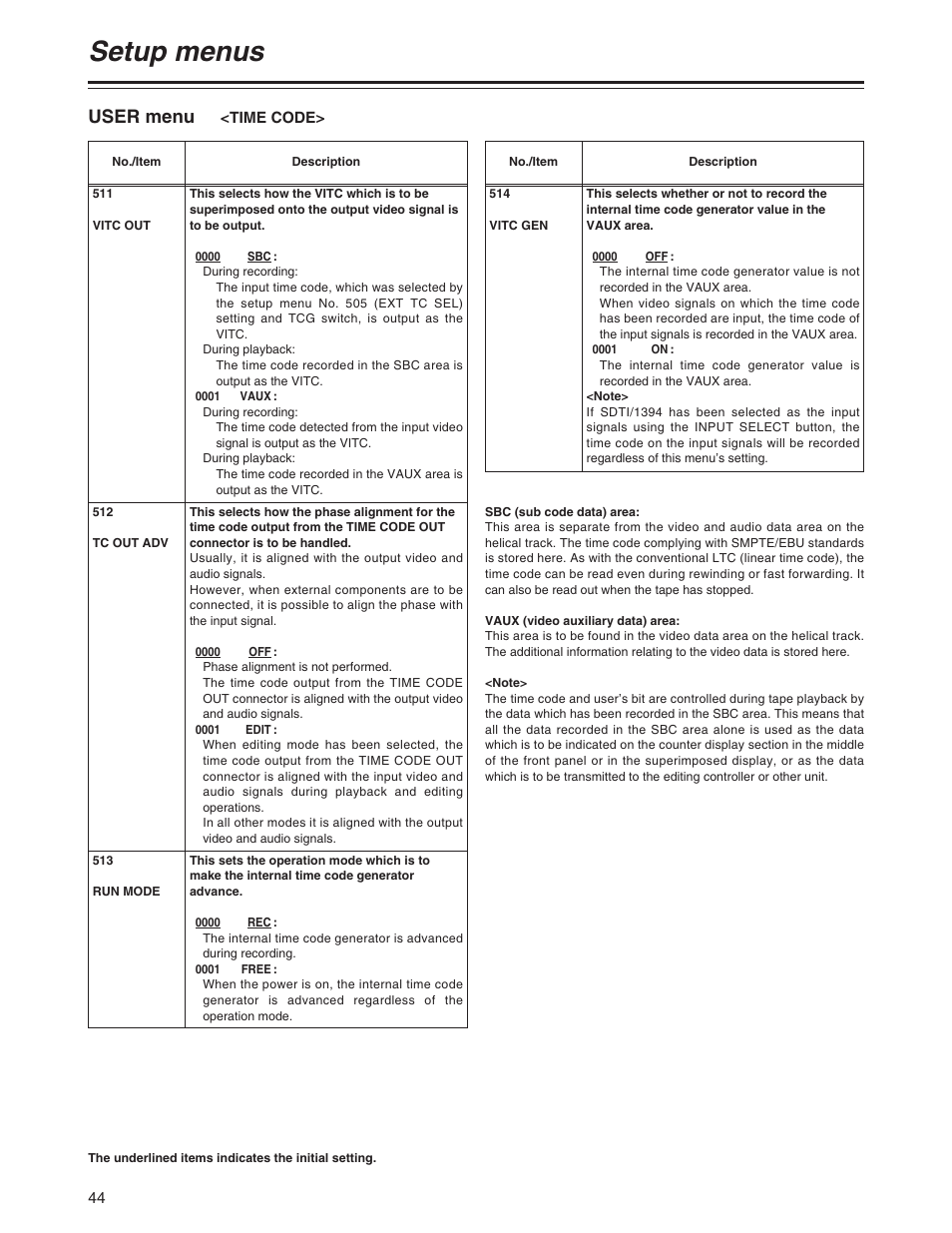 Setup menus, User menu | Panasonic AJ-SD755 User Manual | Page 44 / 78