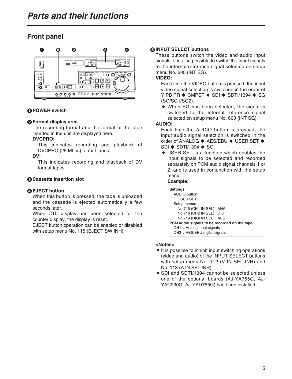 Parts and their functions, Front panel | Panasonic AJ-SD755 User Manual | Page 5 / 78