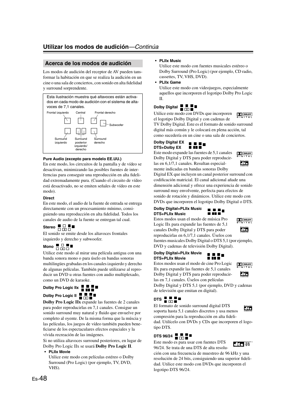 Acerca de los modos de audición, Utilizar los modos de audición —continúa | Panasonic HT-S790 User Manual | Page 114 / 144
