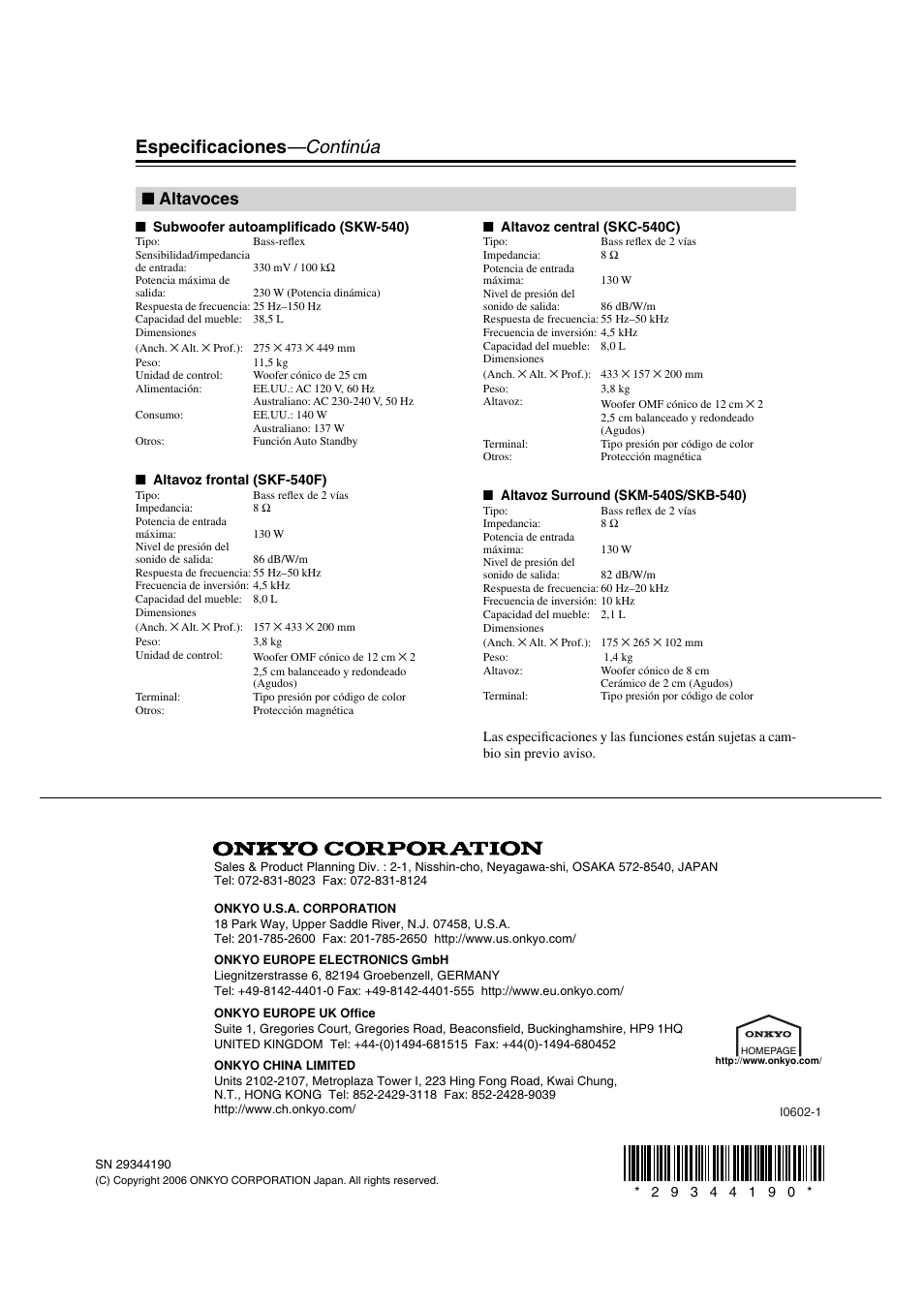 Especificaciones —continúa, Altavoces | Panasonic HT-S790 User Manual | Page 132 / 144