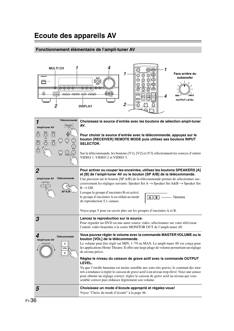Ecoute des appareils av, Fonctionnement élémentaire de l’ampli-tuner av, Fonctionnement élémentaire | De l’ampli-tuner av, Boutons de sélection d’entrée (36), Olume (36), Or (36), Commande output level (36), Setup return clear listening mode audio l r, Tuning preset enter | Panasonic HT-S790 User Manual | Page 36 / 144