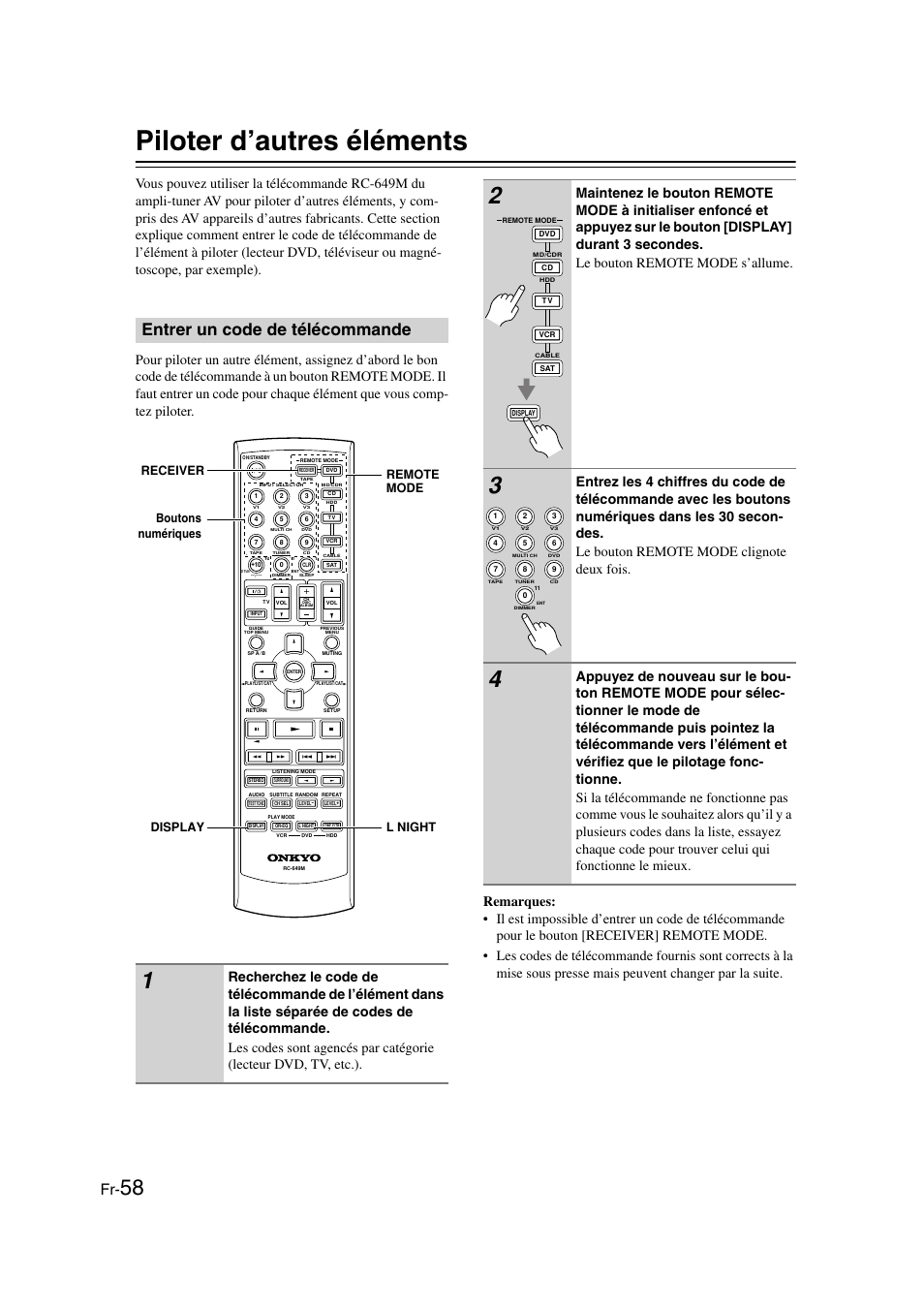 Piloter d’autres éléments, Entrer un code de télécommande | Panasonic HT-S790 User Manual | Page 58 / 144