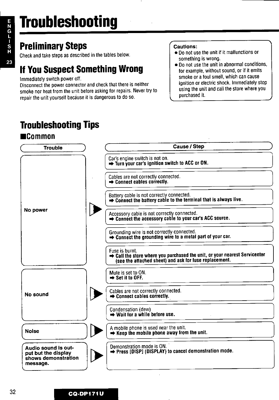 Preliminary steps, If you suspect something wrong, Troubleshooting tips | Troubleshooting, Common | Panasonic CQ-DP171U User Manual | Page 32 / 109