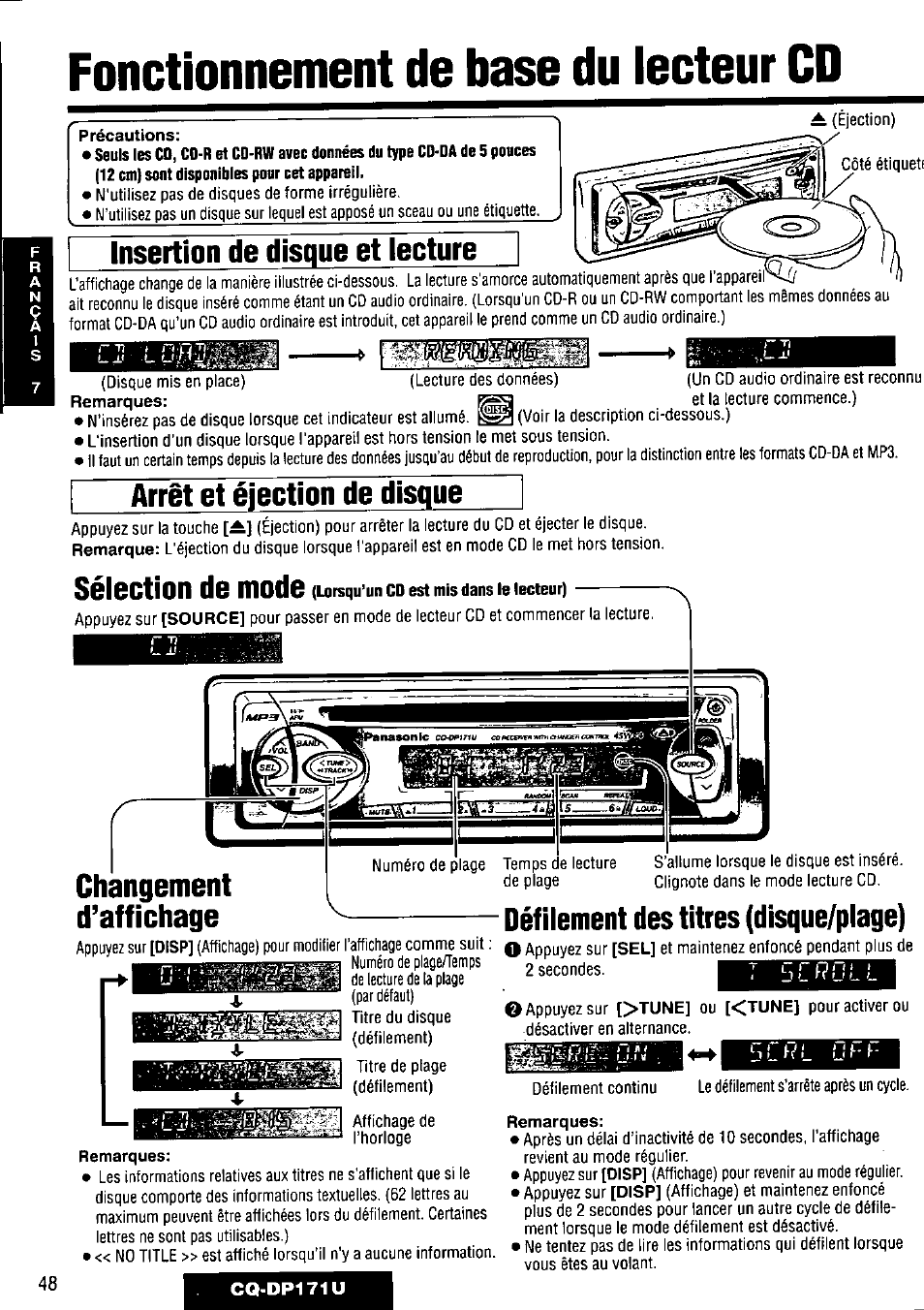 Insertion de disque et lecture, Arrêt et éjection de disque, Changement | D’affichage, Défilement des titres (disque/plage), Fonctionnement de base du lecteur cd, Sélection de mode, Changement d’affichage | Panasonic CQ-DP171U User Manual | Page 48 / 109