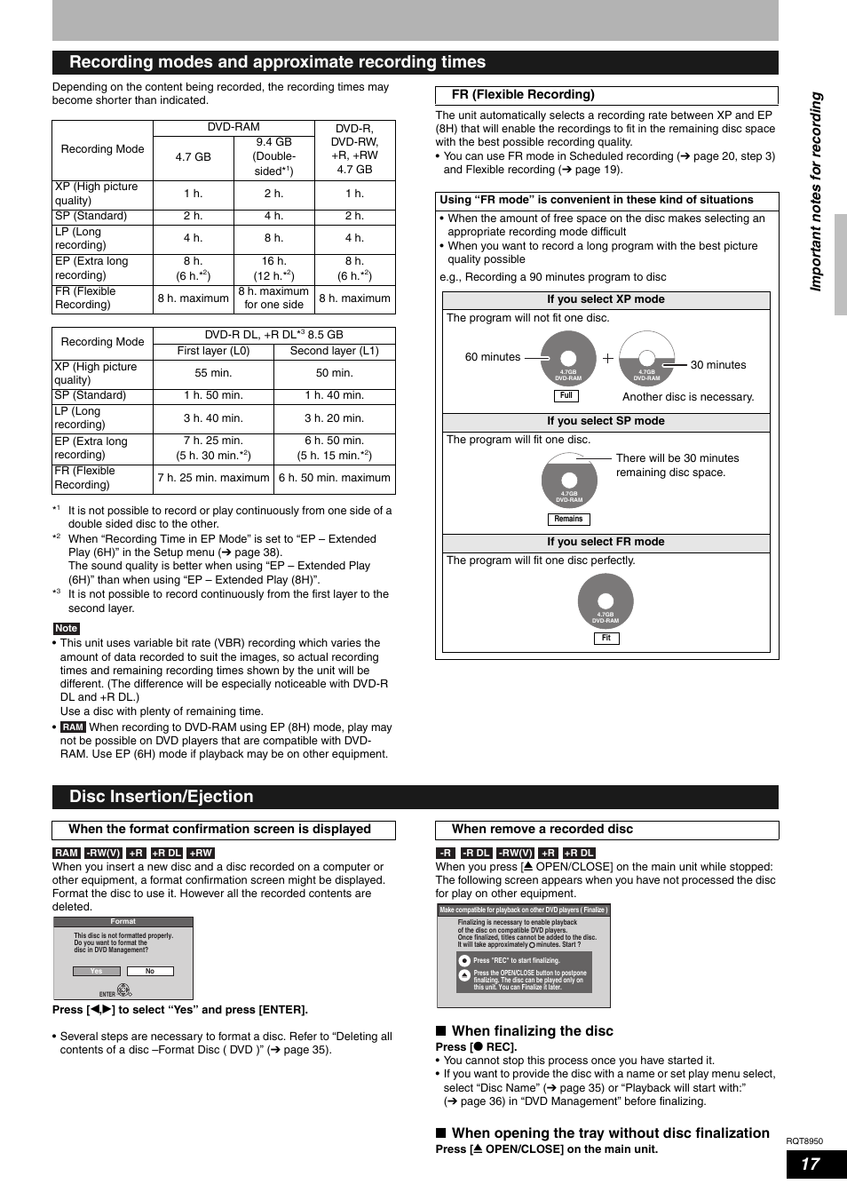 Recording modes and approximate recording times, Disc insertion/ejection, Nwhen finalizing the disc | Nwhen opening the tray without disc finalization, Imp o rt ant n o te s fo r r eco rdi n g | Panasonic DMR-ES16 User Manual | Page 17 / 48