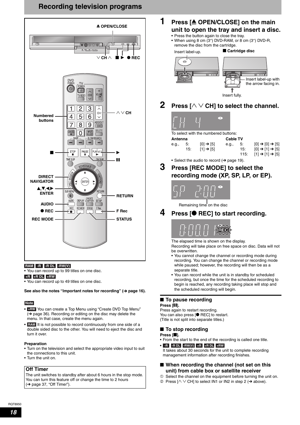 Recording television programs, Press [ 1 2 ch] to select the channel, Press [ * rec] to start recording | Panasonic DMR-ES16 User Manual | Page 18 / 48