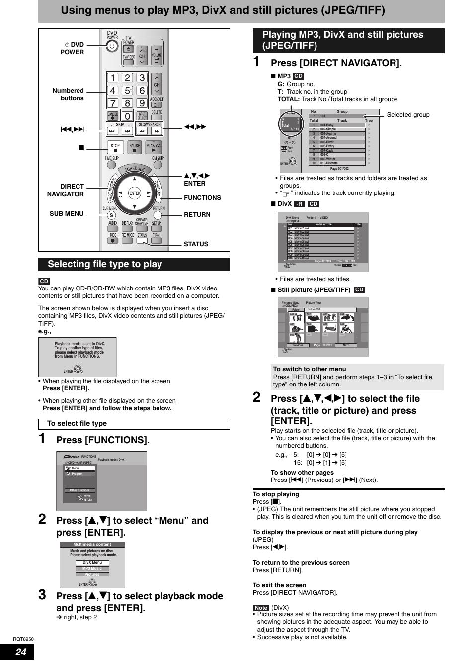 Press [functions, Press [ e , r ] to select “menu” and press [enter, Press [direct navigator | Selecting file type to play, Playing mp3, divx and still pictures (jpeg/tiff) | Panasonic DMR-ES16 User Manual | Page 24 / 48