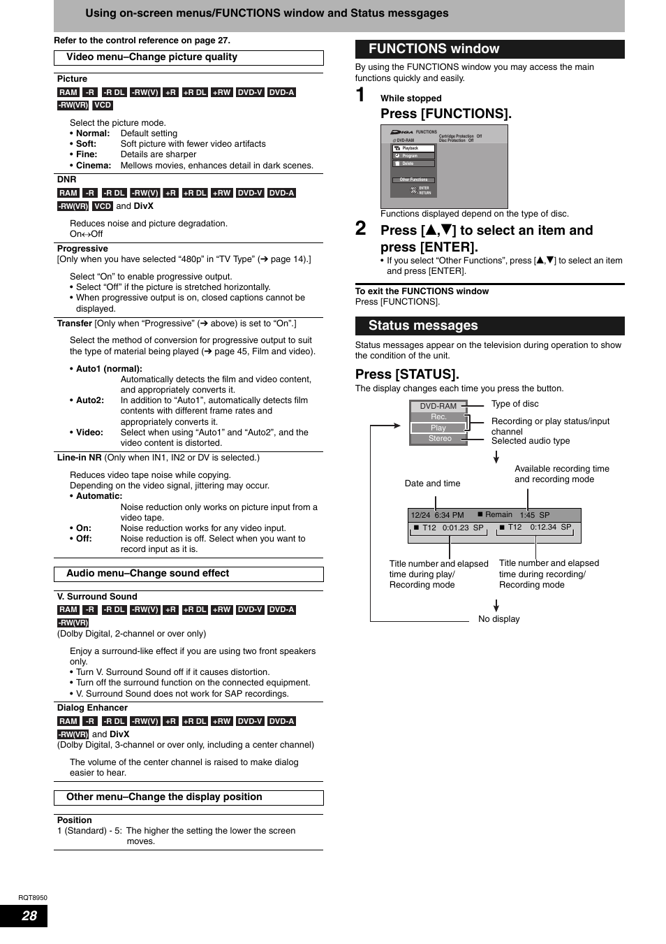Press [functions, Press [ e , r ] to select an item and press [enter, Press [status | Functions window status messages | Panasonic DMR-ES16 User Manual | Page 28 / 48