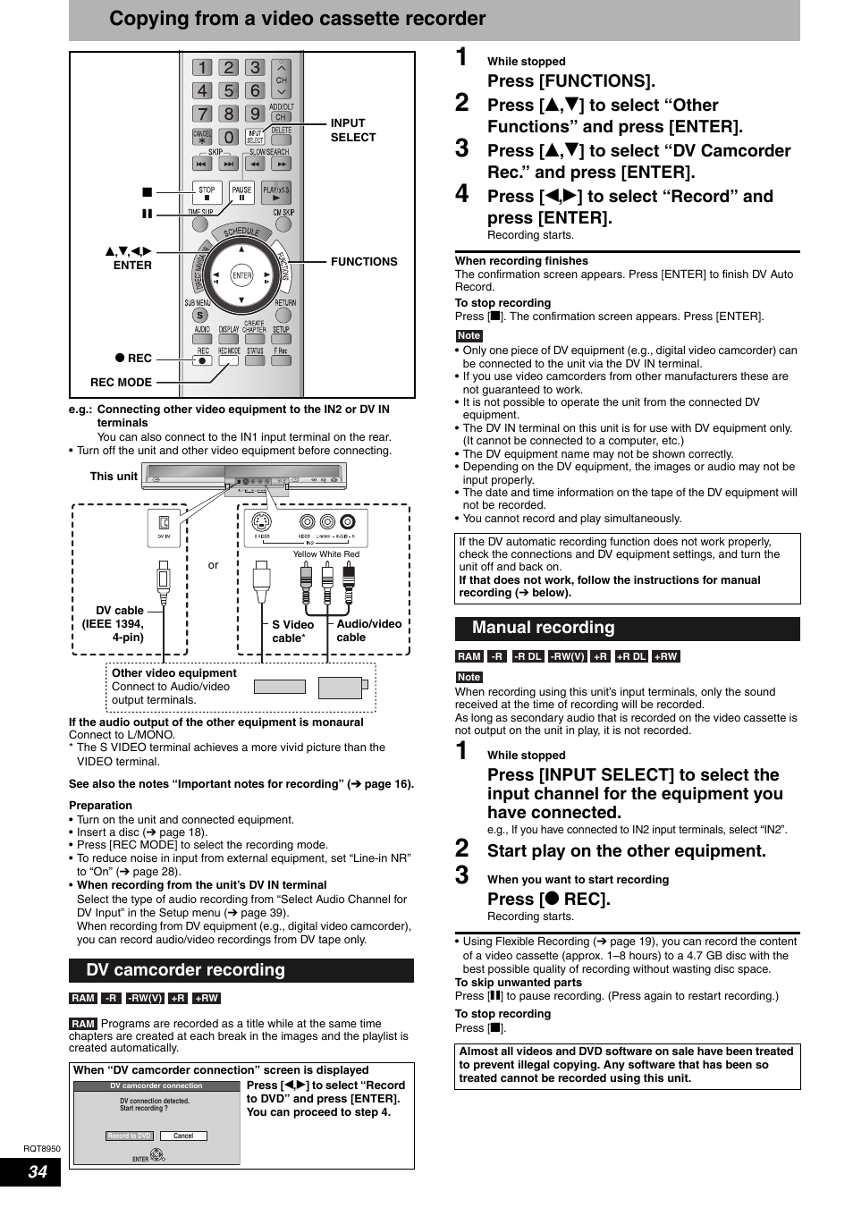 Copying from a video cassette recorder, Press [functions, Start play on the other equipment | Press [ * rec, Dv camcorder recording, Manual recording | Panasonic DMR-ES16 User Manual | Page 34 / 48