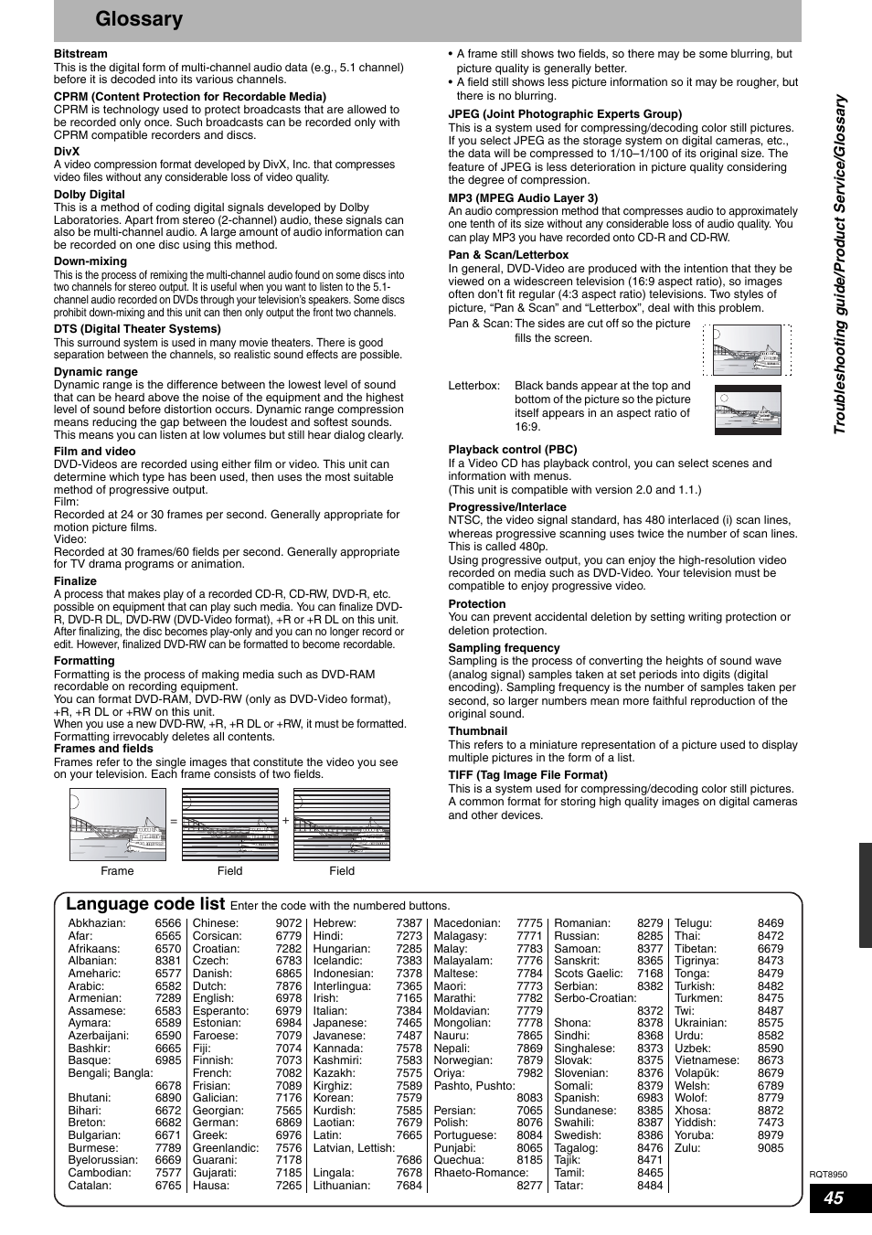 Glossary, Language code list | Panasonic DMR-ES16 User Manual | Page 45 / 48