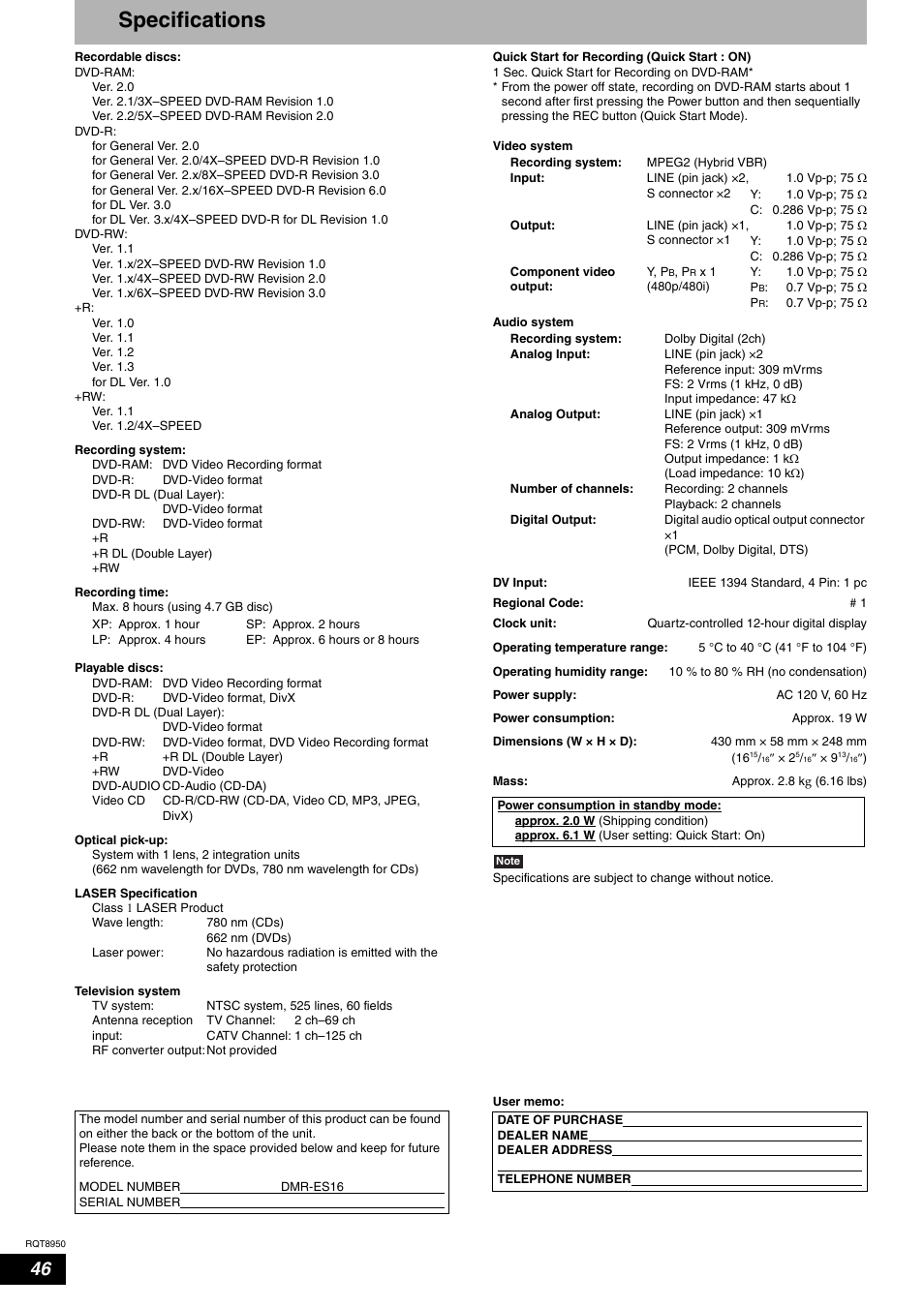 Specifications | Panasonic DMR-ES16 User Manual | Page 46 / 48
