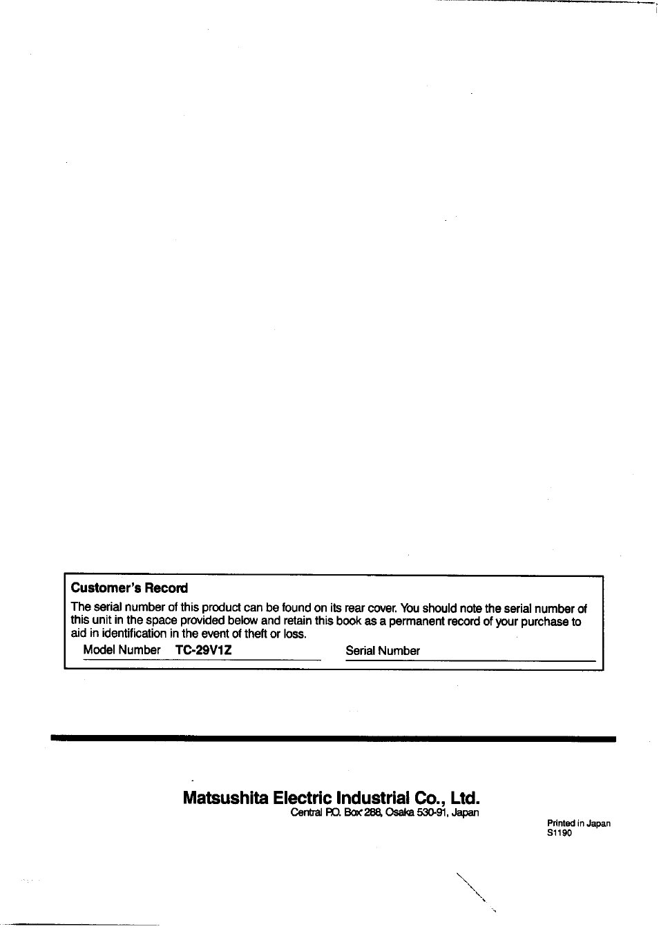 Customer’s record, Matsushita electric industrial co., ltd | Panasonic TC-29V1Z User Manual | Page 76 / 77