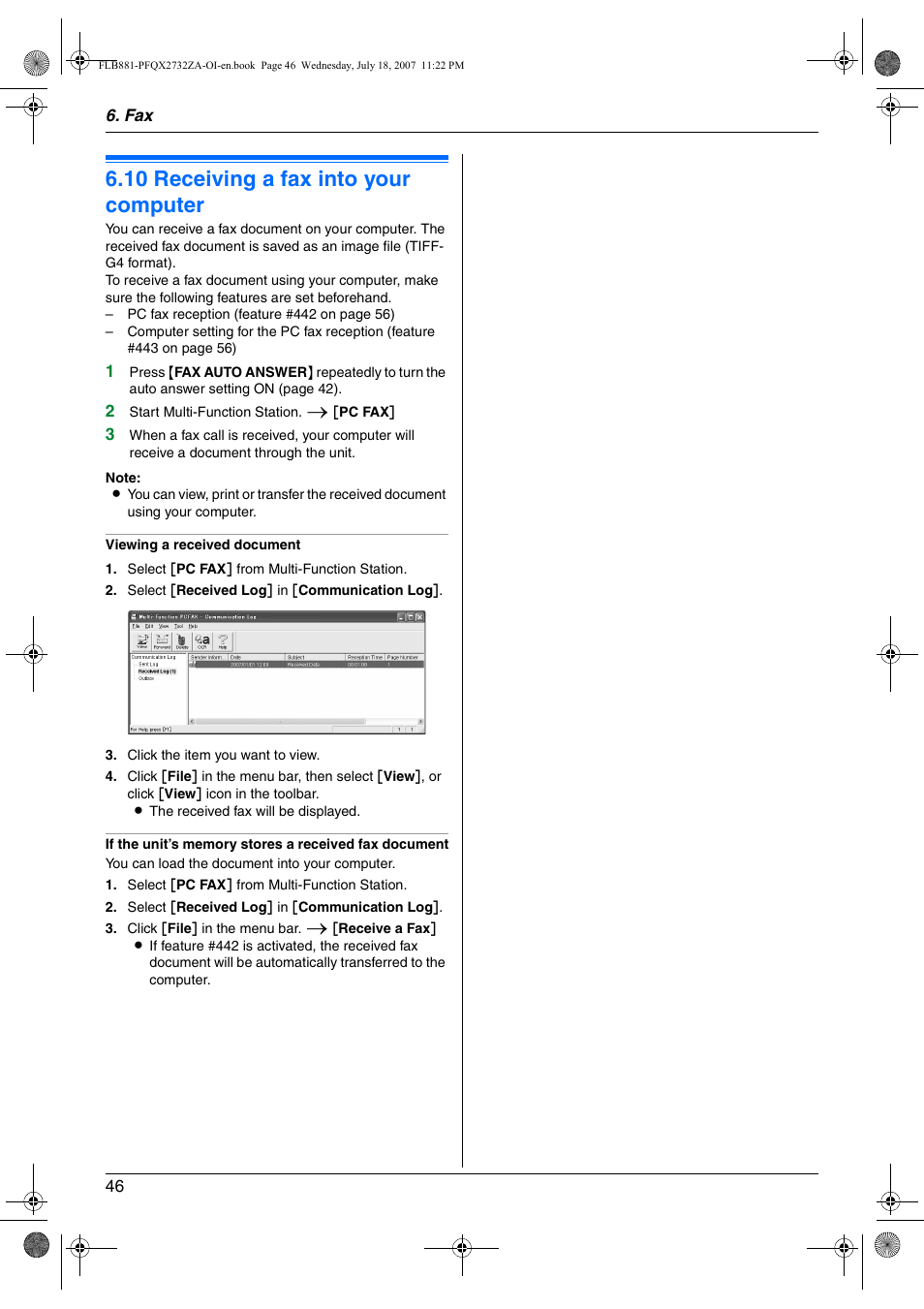 10 receiving a fax into your computer, Receiving a fax into your computer, 10 receiving a fax into your computer | Panasonic KX-FLB881 User Manual | Page 46 / 104