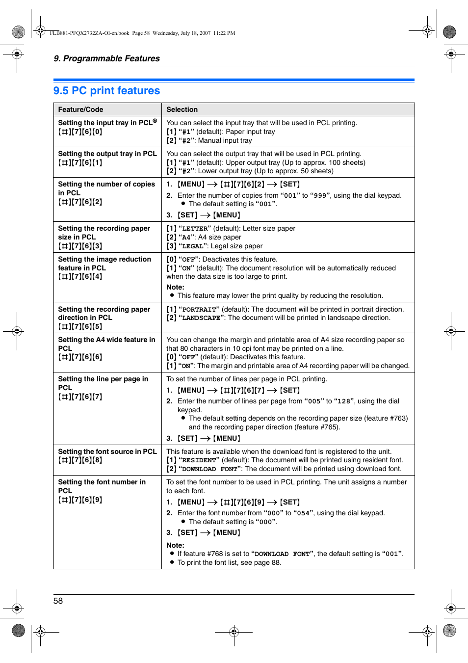 5 pc print features, Pc print features, 5 pc print features | Panasonic KX-FLB881 User Manual | Page 58 / 104