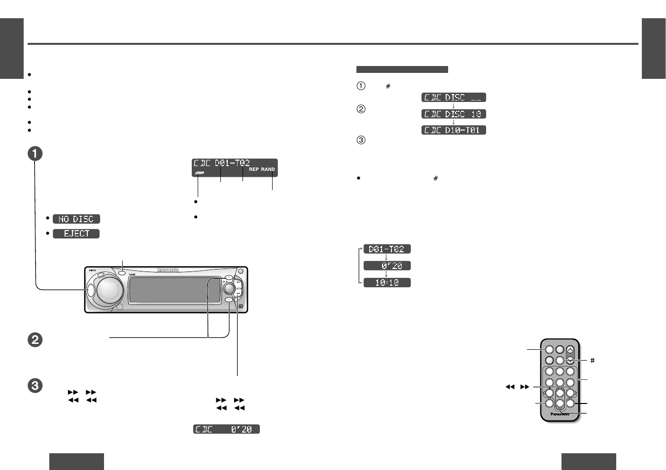 Cd changer control, Direct disc selection, Cd changer mode | Disc selection, Track selection, Track search, Pu s h, T e x t, Display change | Panasonic CQ-DFX572U User Manual | Page 13 / 28