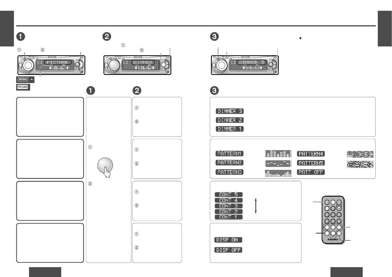 Picture (display) settings [picture, Setting, Menu | Submenu, Disp p.set/disc, 1 open band, Pu s h | Panasonic CQ-DFX572U User Manual | Page 16 / 28