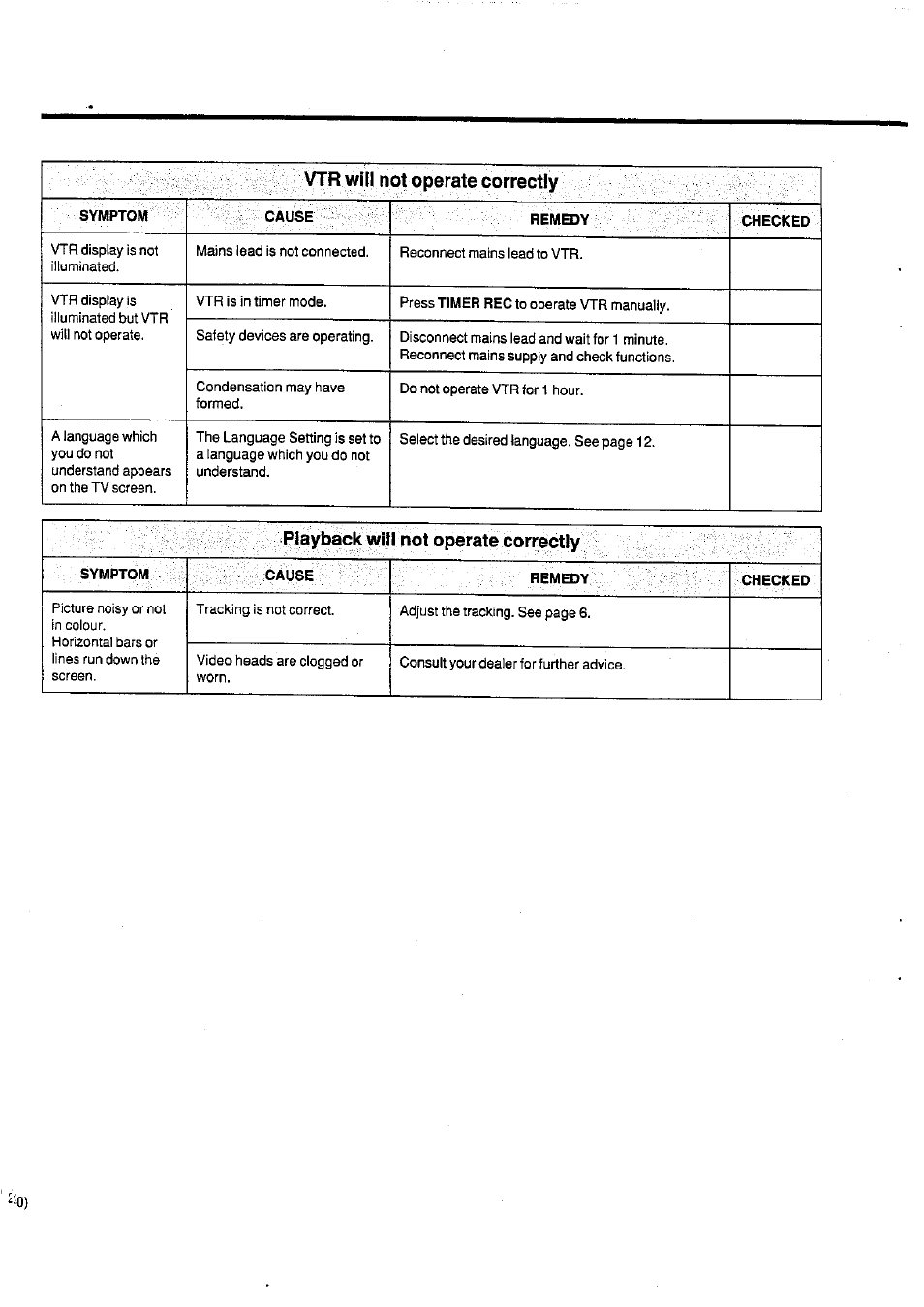 Vtr wih not operate correctly, Playback will not operate correctly | Panasonic NV-SD400 User Manual | Page 30 / 32