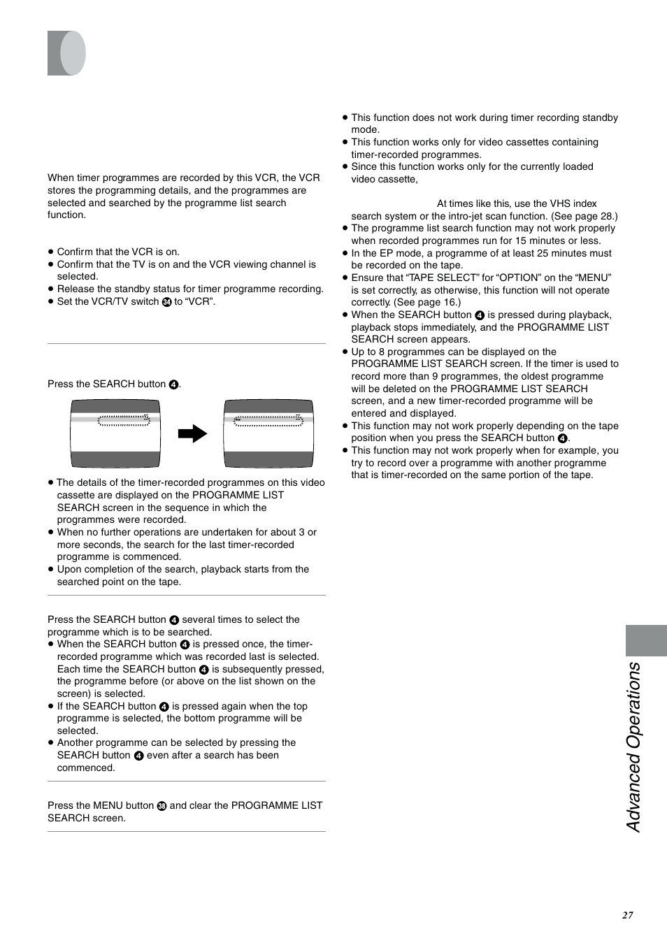 Search functions, Adv anced operations, Displaying the programme list search screen | Searching other programmes | Panasonic NV-FJ600 User Manual | Page 27 / 34