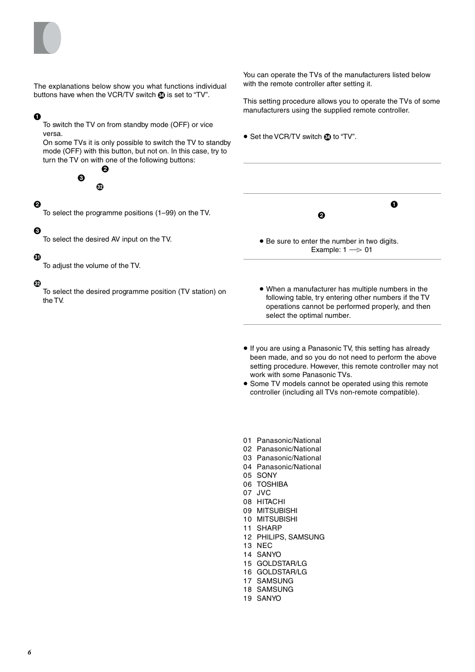 Setting up, Setting the remote control to operate your tv, Tv operation | Panasonic NV-FJ600 User Manual | Page 6 / 34