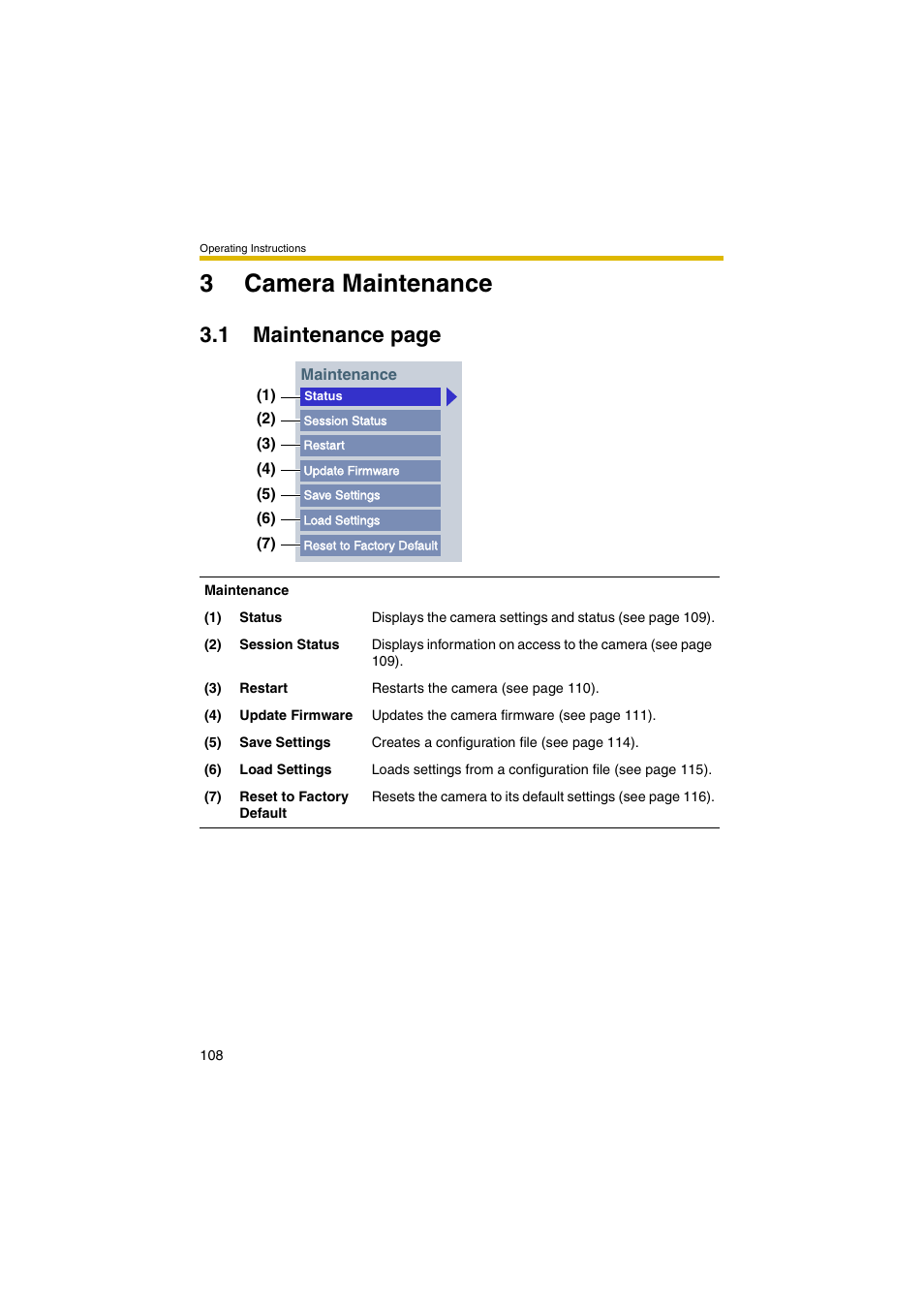 E 108), 3camera maintenance, 1 maintenance page | Panasonic KX-HCM280A User Manual | Page 108 / 148